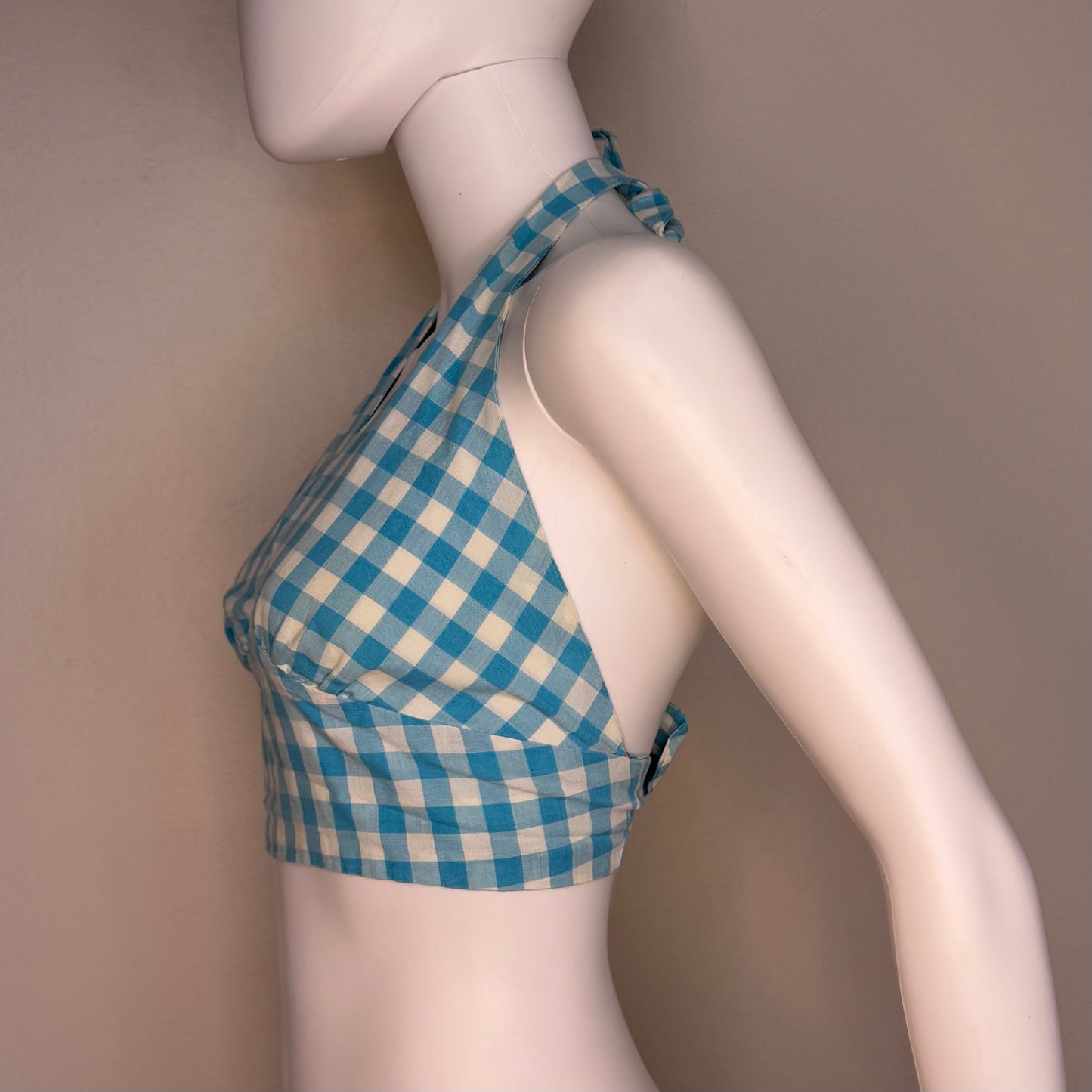 1970s Blue and White Plaid Cropped Halter Top, Tie, Size X-Small