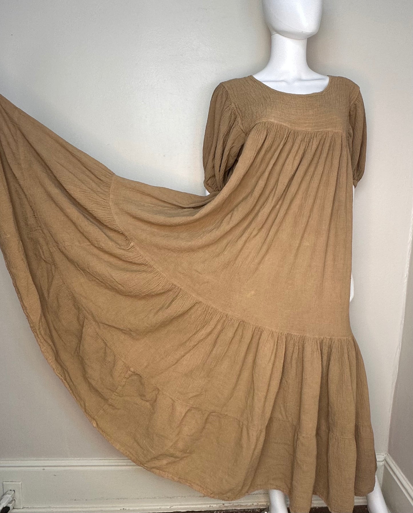 1970s Mocha Cotton Gauze Mexican Muumuu Maxi Dress, Sucesos Size Large