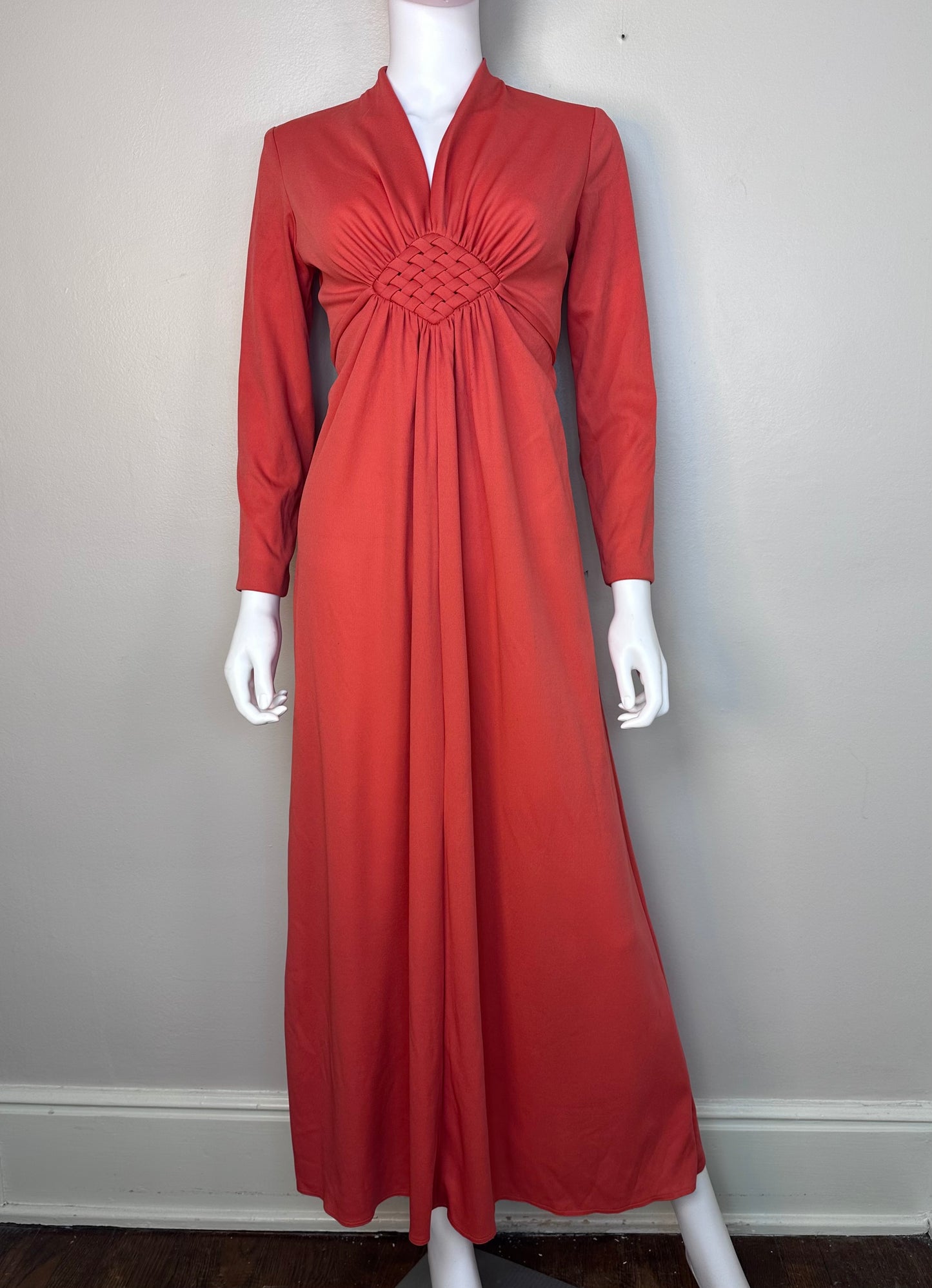 1970s Orange Maxi Dress, Size Small-Medium, Long Sleeve, Empire Waist