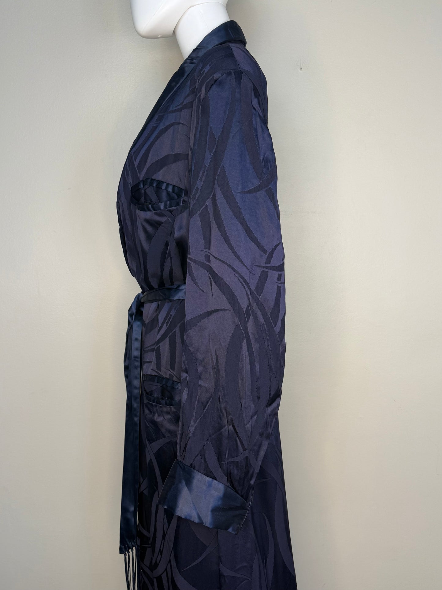 1930s/40s Men’s Navy Blue Satin Jacquard Lounging Robe, Smoking Jacket, Belt with Fringe Trim, Lowenstein’s Size Large