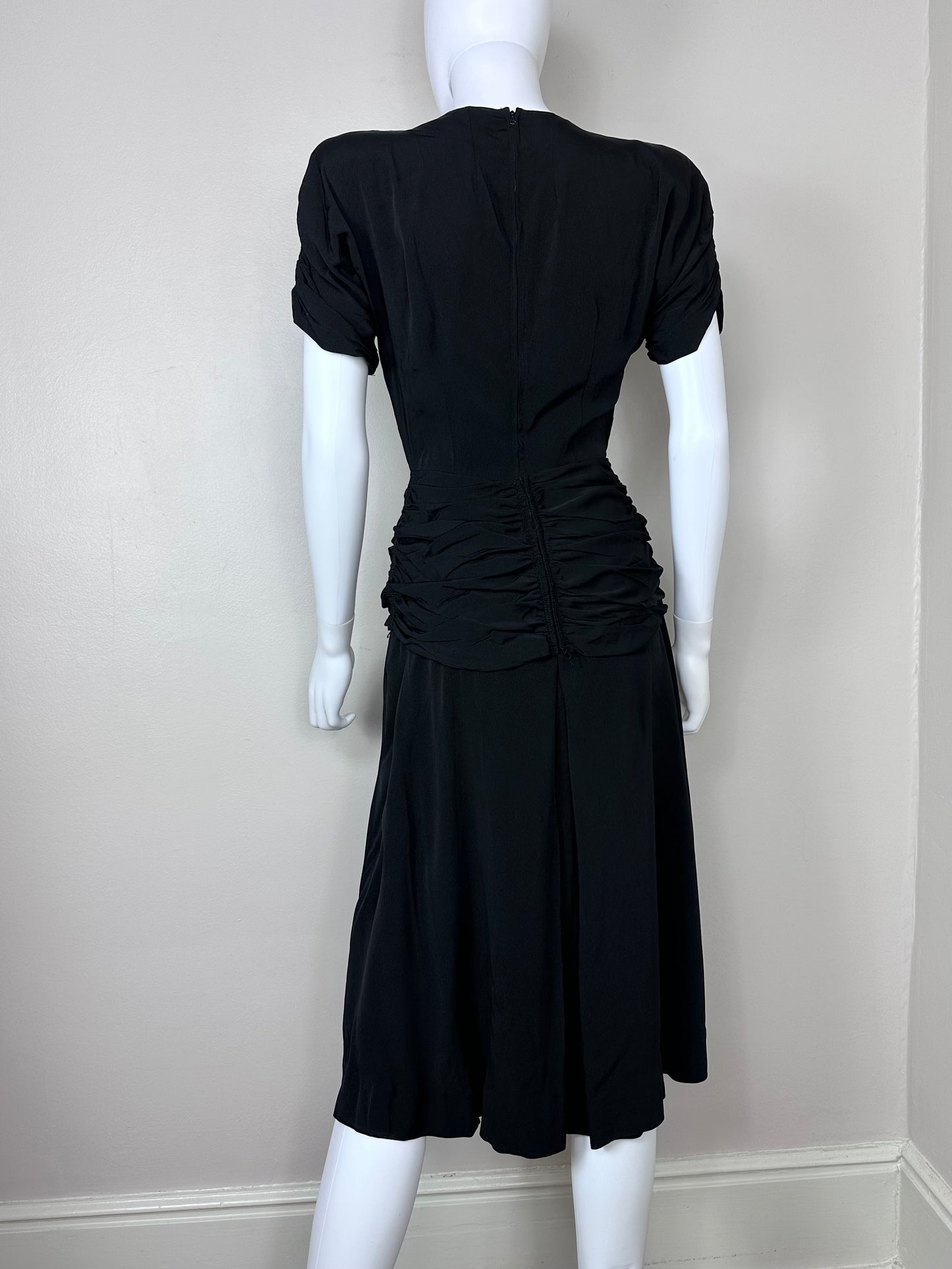 1940s Black Dress with Ruched Waist, R & K Originals Size XXS