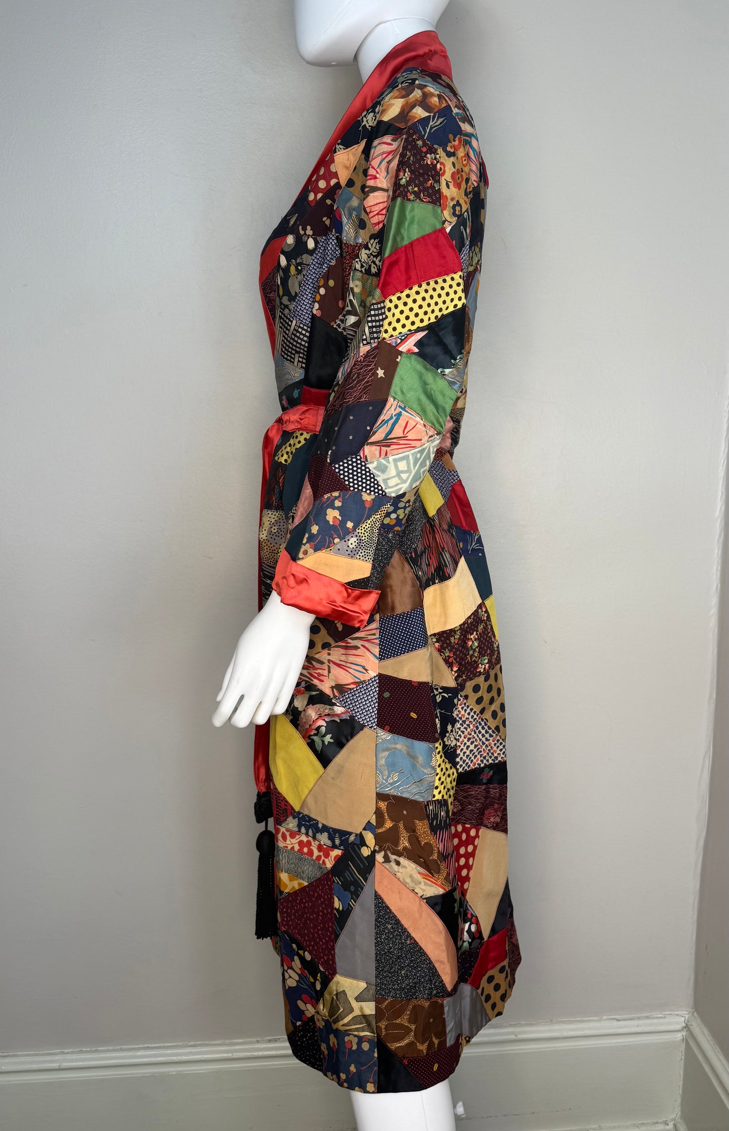 1920s/30s Patchwork Crazy Quilt Robe, Handmade Size XS-Small, Belt with Fringe Trim