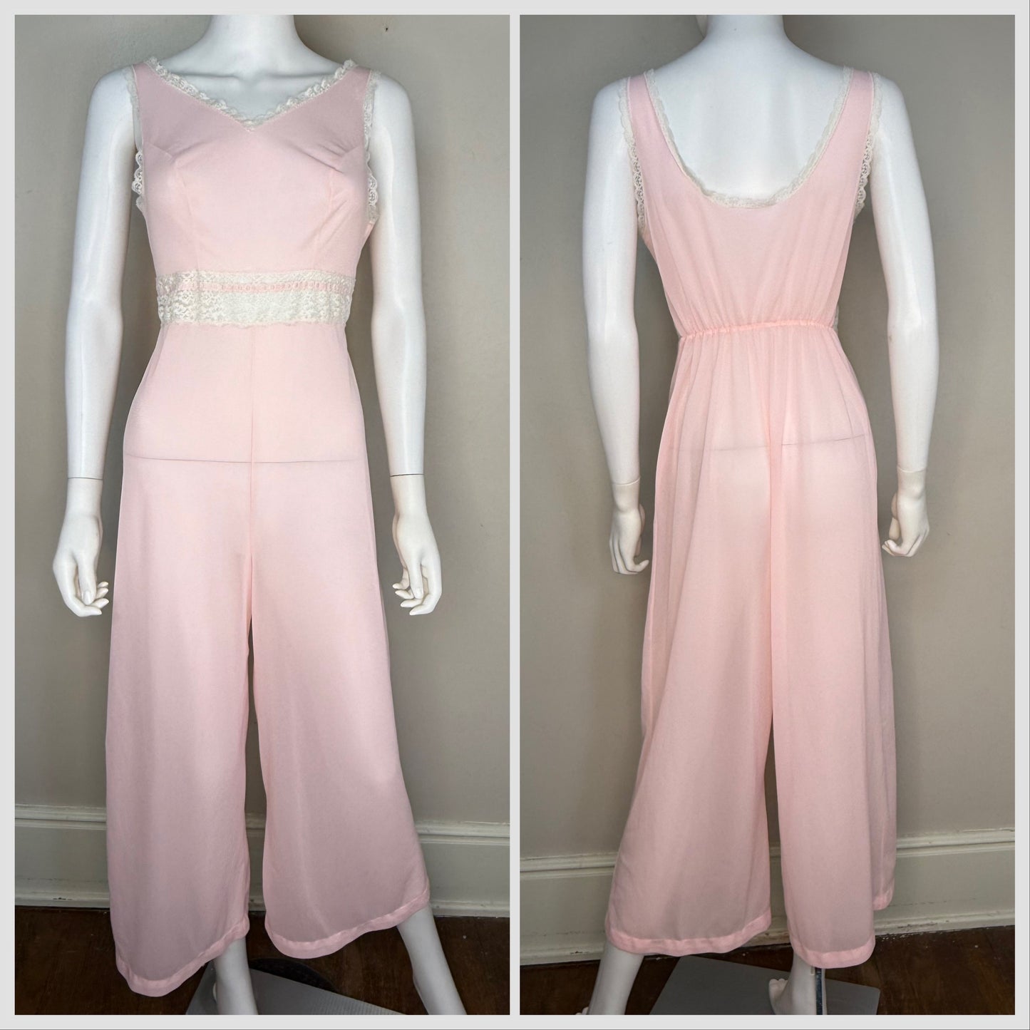 1960s Pastel Pink Lingerie Jumpsuit, Pembrooke Size Small, Loungewear, Pajamas