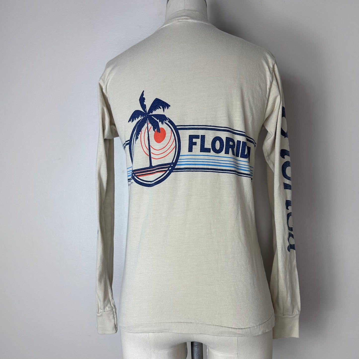 1980s Orlando Florida Long Sleeve Pocket T-Shirt, Textile Prints Size Small, Palm Tree Beach Sunset