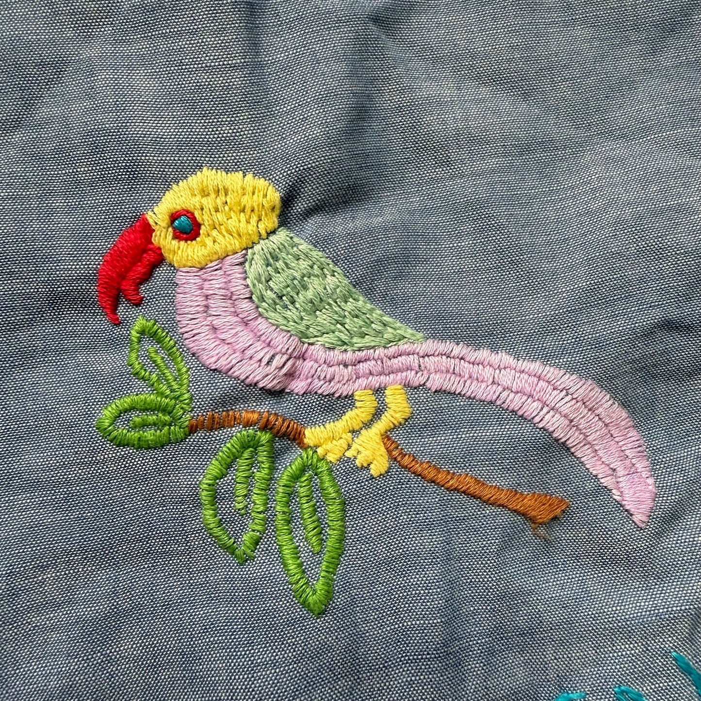 1970s Chambray Shirt with Embroidery, Size Small, Everything’s Fine, Shroom, Smiley, Hand Embroidered