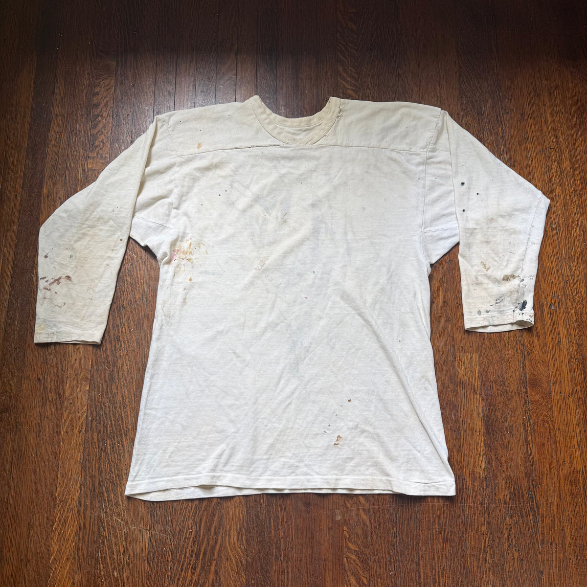 1960s/70s Off White Cotton Jersey T-Shirt, Size Medium, Paint Stains, Distressed