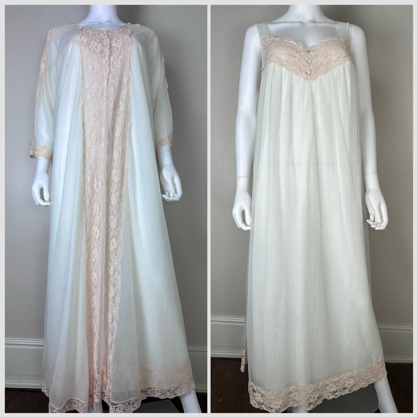 1960s Plus Size Peignoir Set, Mary Barron Size 1X, Cream with Peach Lace