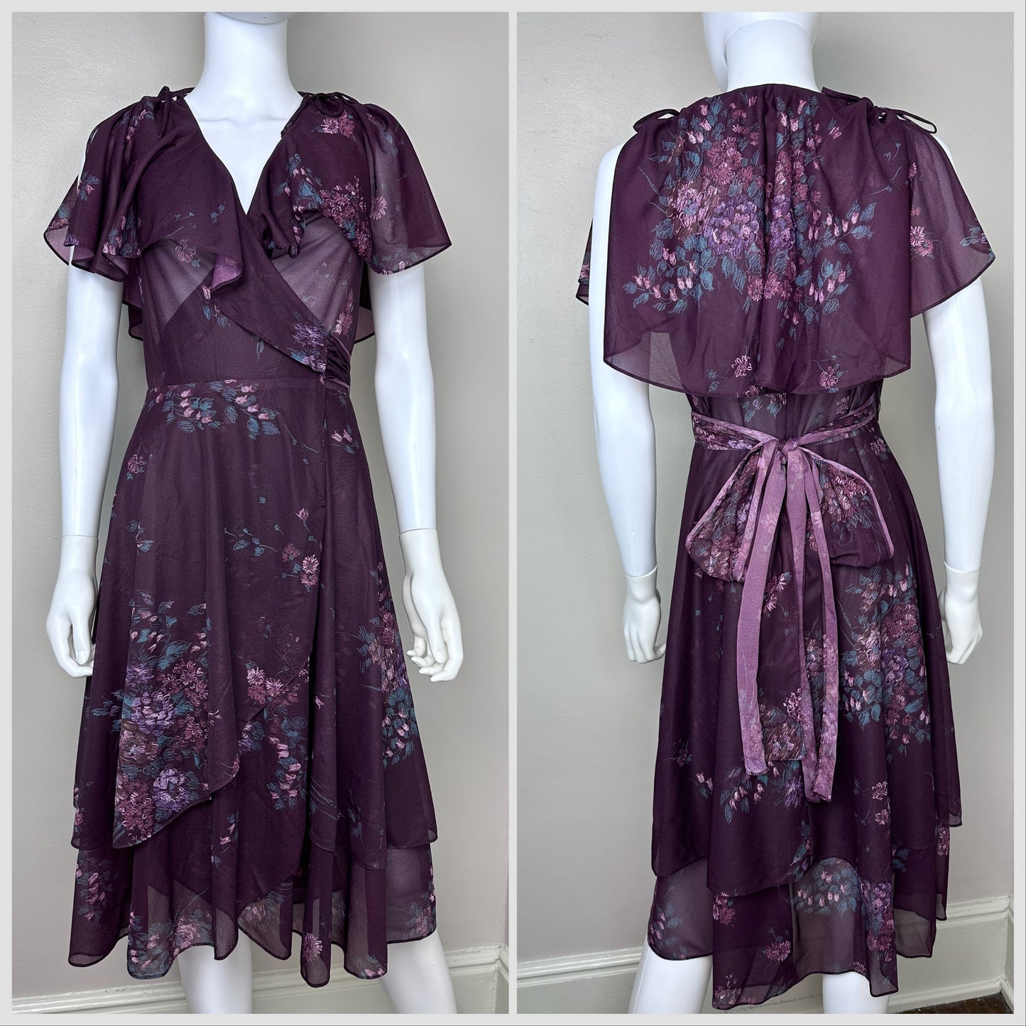 1970s Sheer Purple Floral Layered Wrap Dress, Patty O’Neil Size XS