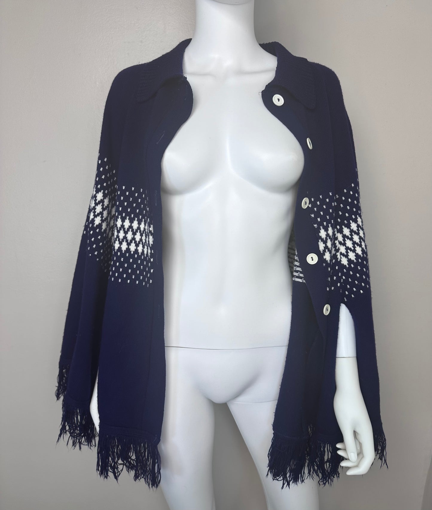 1970s Navy Blue and White Knitted Cape, Poncho