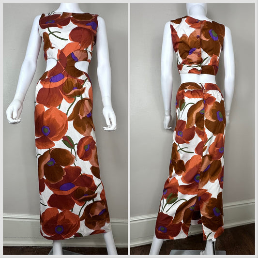 1960s Brown Floral Maxi Dress with Cut-Out, Jamaica Fashion Guild de Lissa Size XS