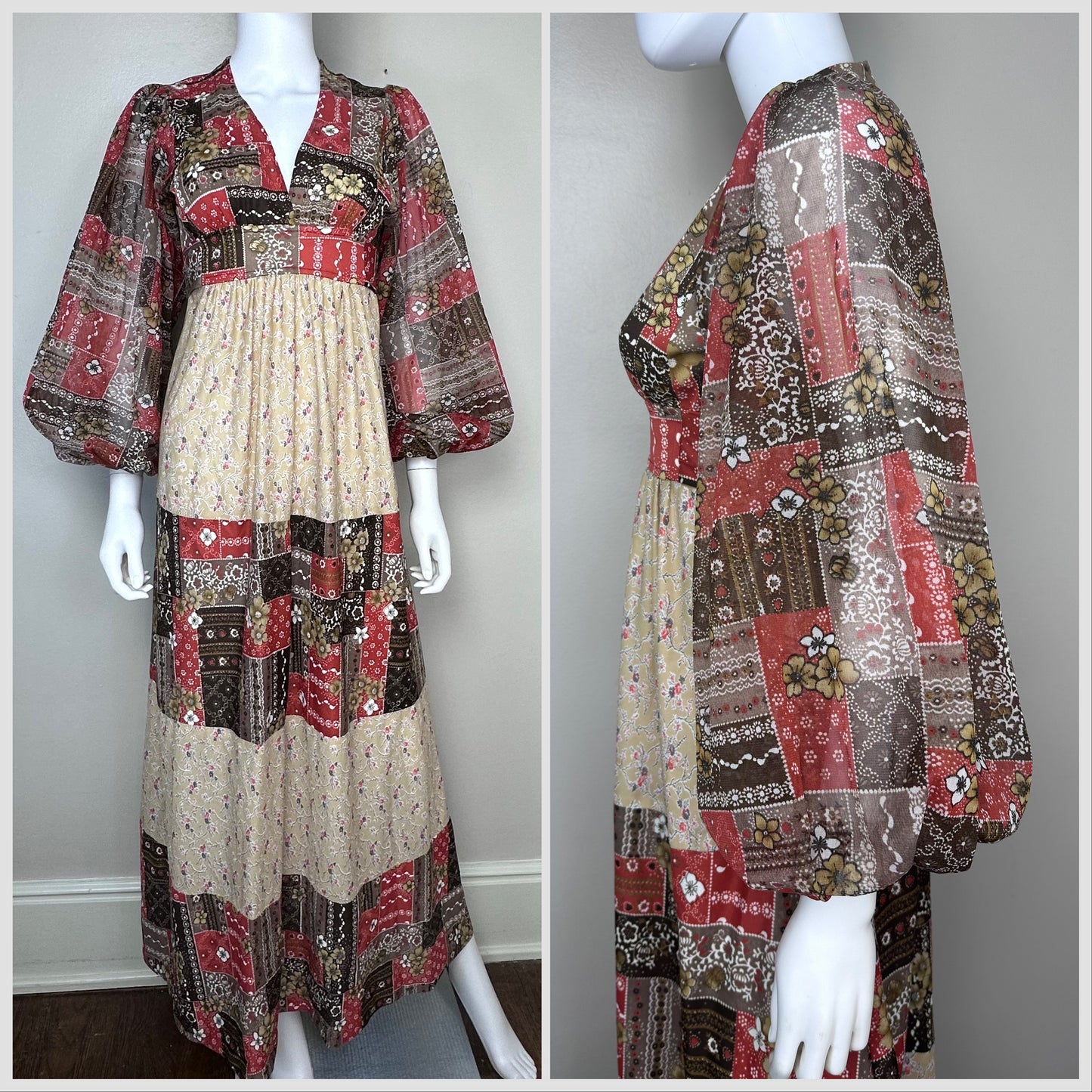 1970s Patchwork Print Boho Maxi Dress, Size XS, Sheer Balloon Sleeves