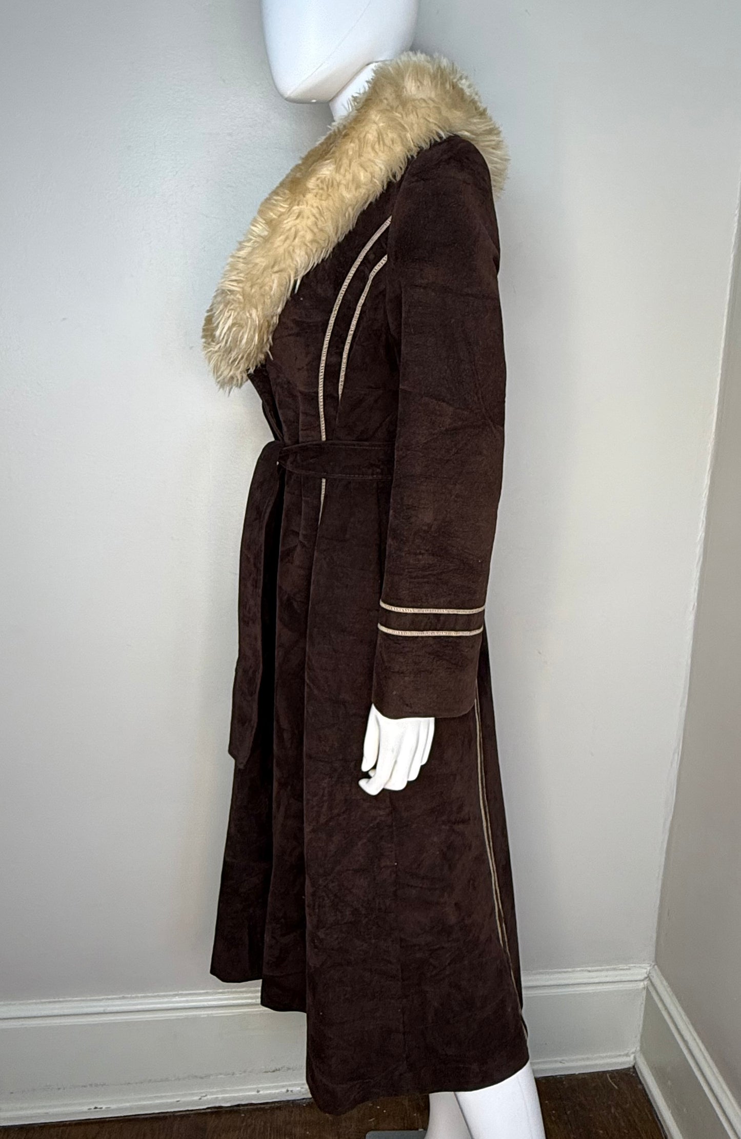 1970s Brown Velvet Coat with Faux Fur Collar, Size Small, Penny Lane