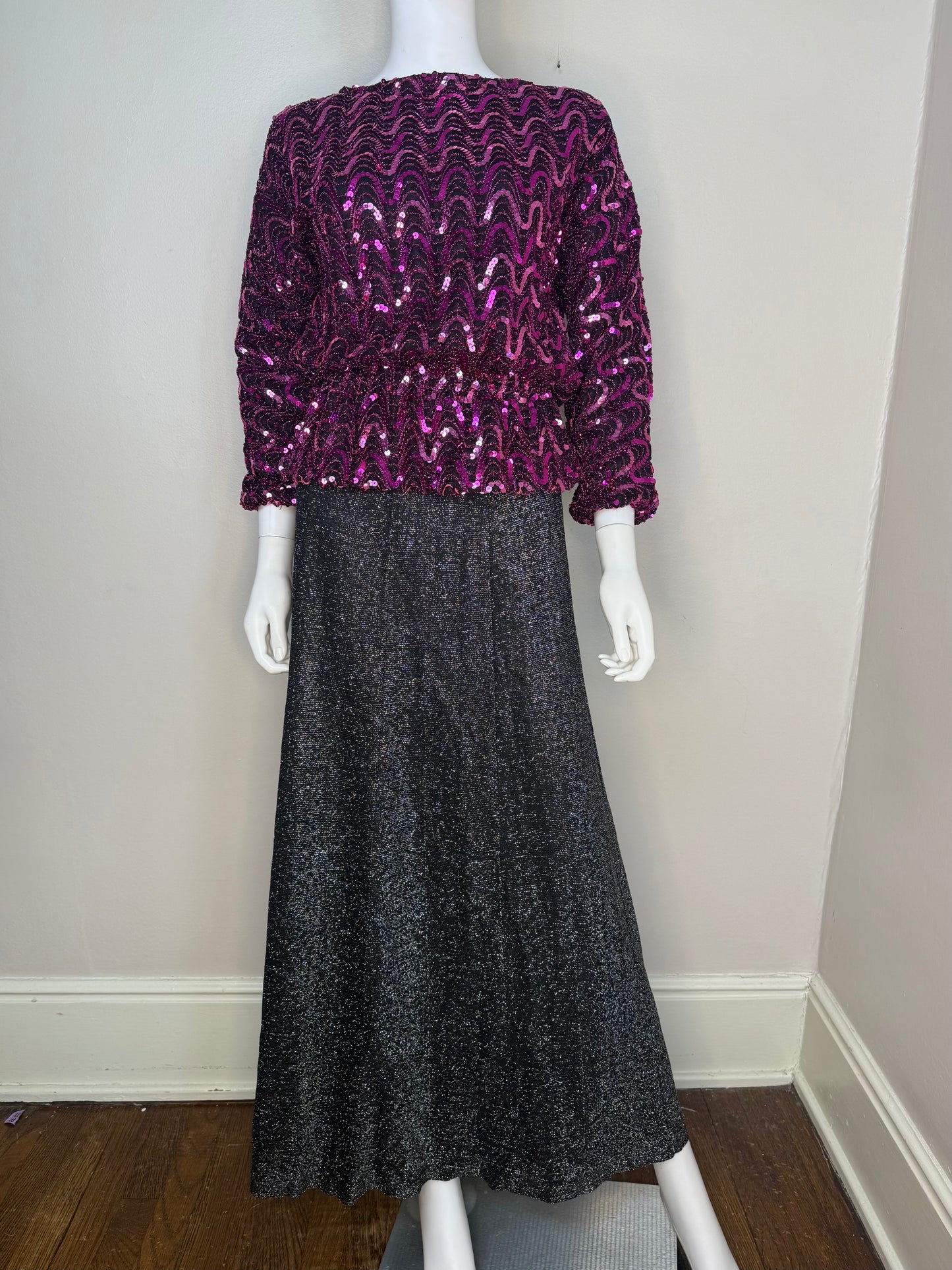 1960s/70s Black and Silver Lurex Maxi Skirt, Size XS