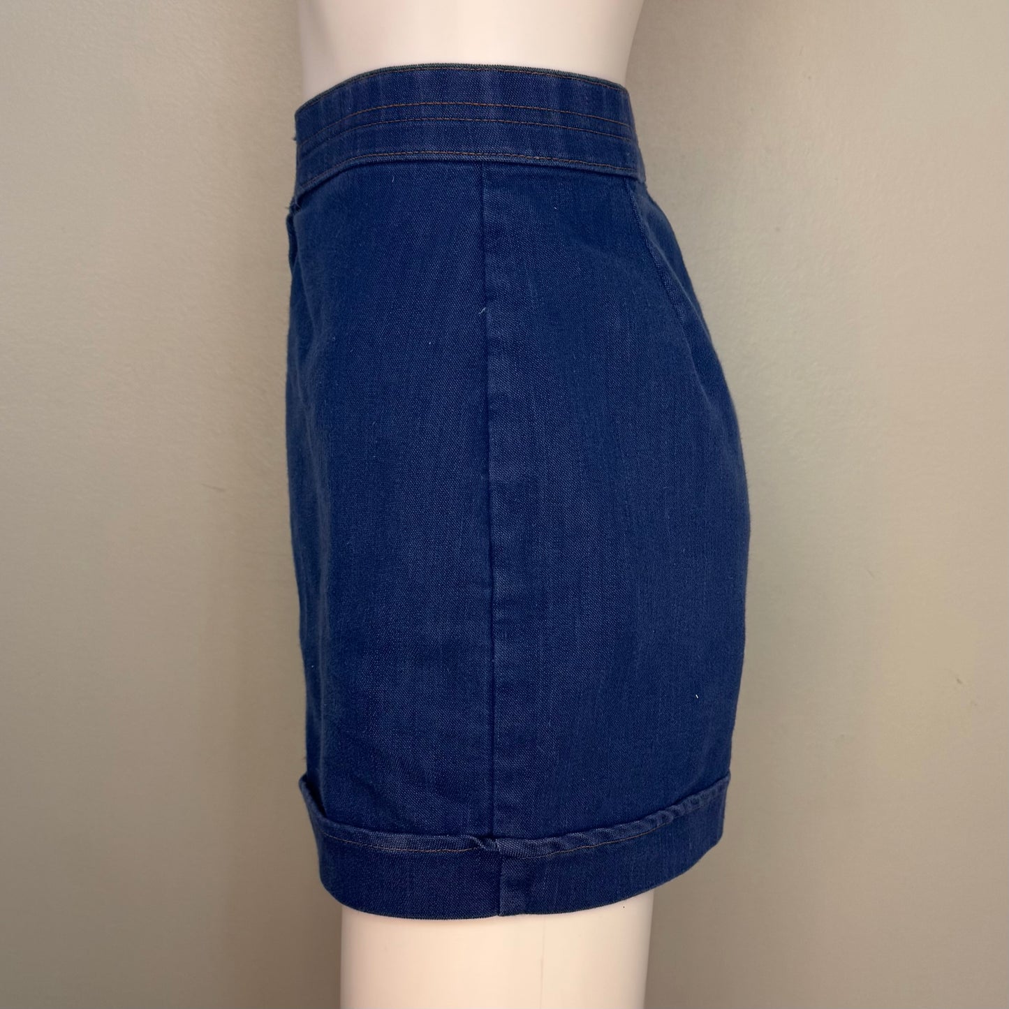 1970s High Waisted Denim Shorts, Cuffed, 26" Waist, Size XS/Small
