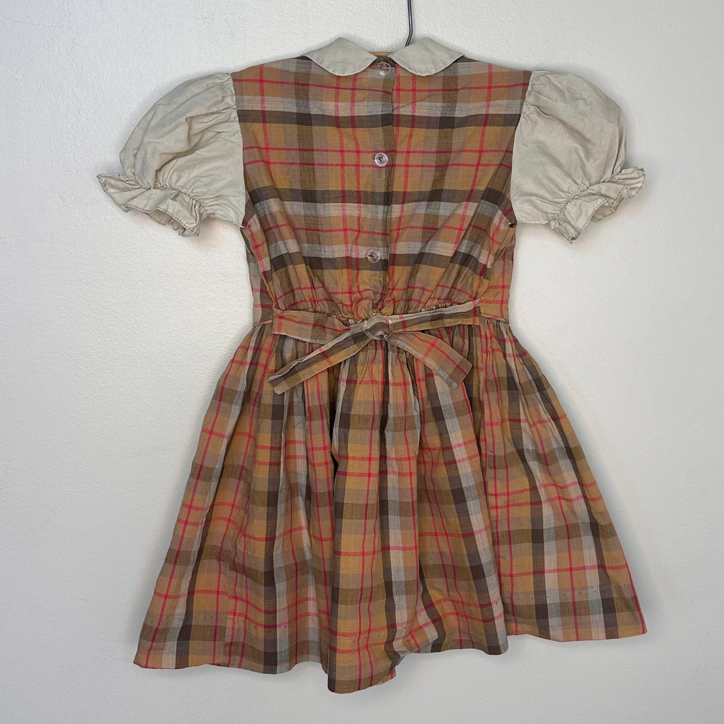 1950s Girls’ Brown Plaid Pinafore Dress with Puff Sleeves