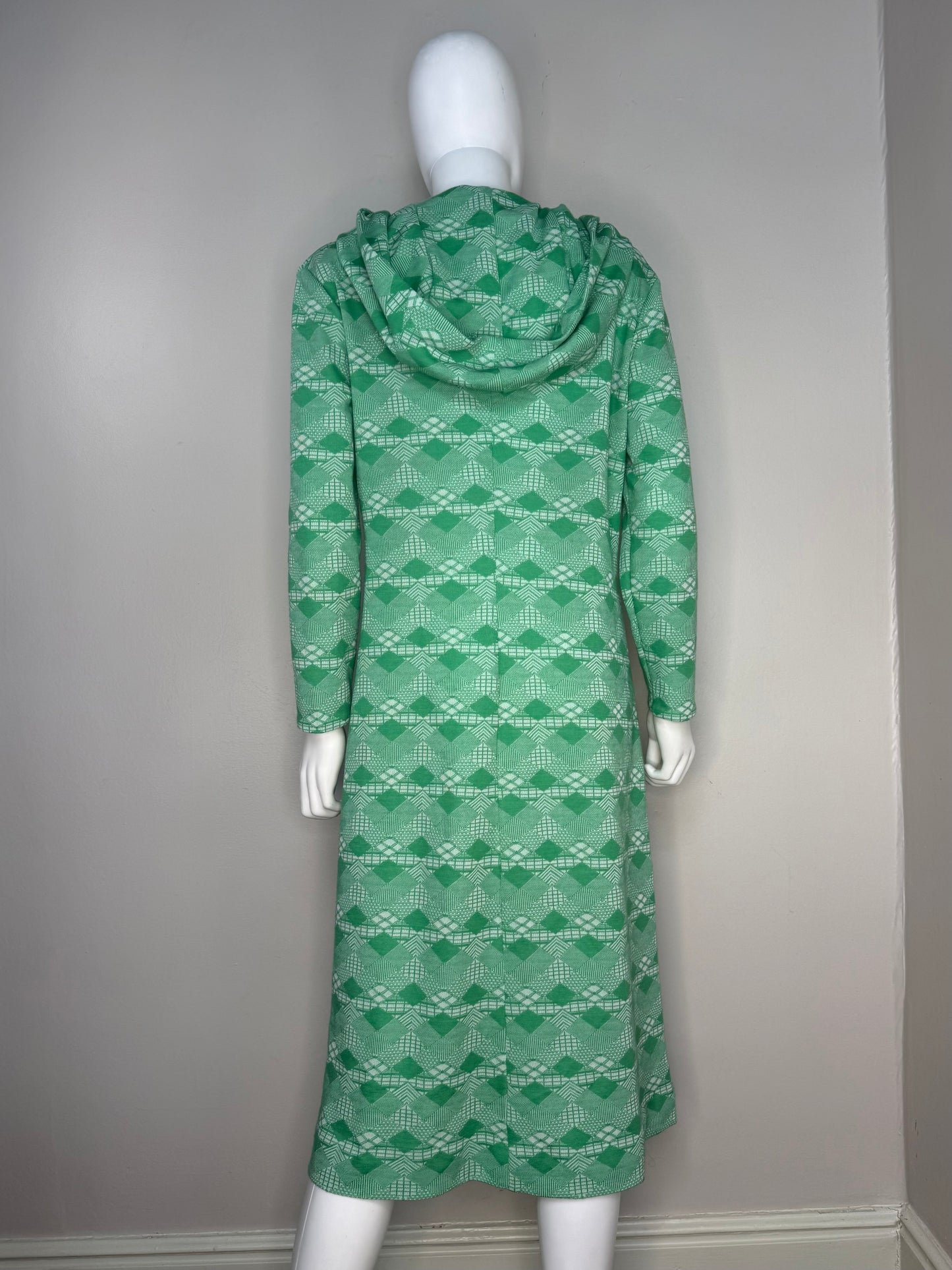 1970s Hooded Lace Up Dress, Size Medium, Green Geometric Polyester Double Knit