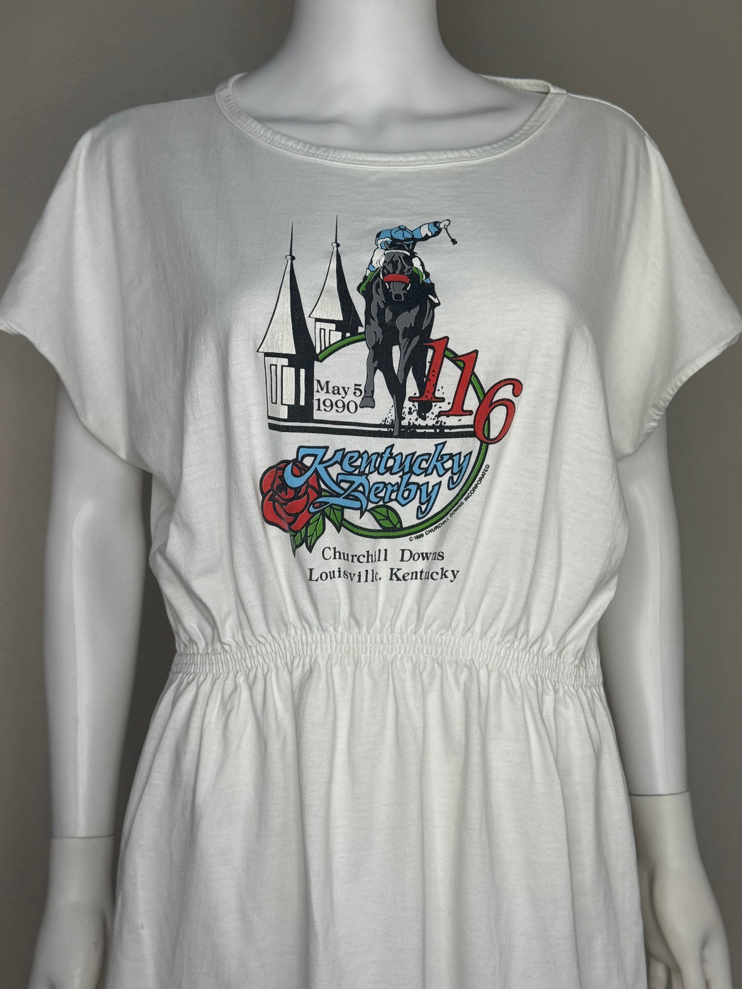 1990 Kentucky Derby T-Shirt Dress, 116 May 5, Churchill Downs Louisville Horse Race Souvenir, Size Large-XL