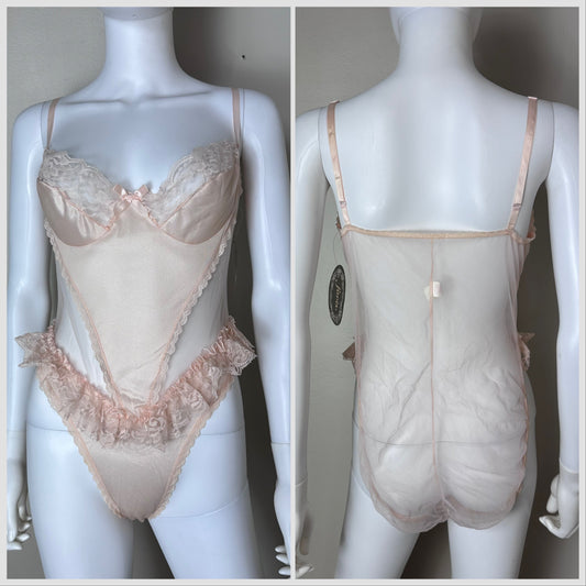 1990s Sheer Pink Teddy Lingerie, Faris Size Medium, Deadstock