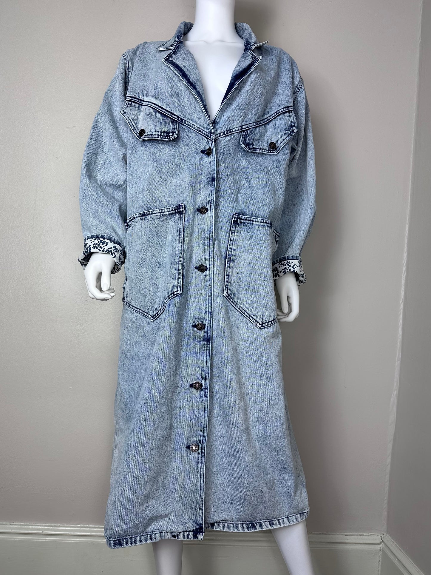 1980s Acid Wash Denim Full Length Coat, California Gold Rush Size Large