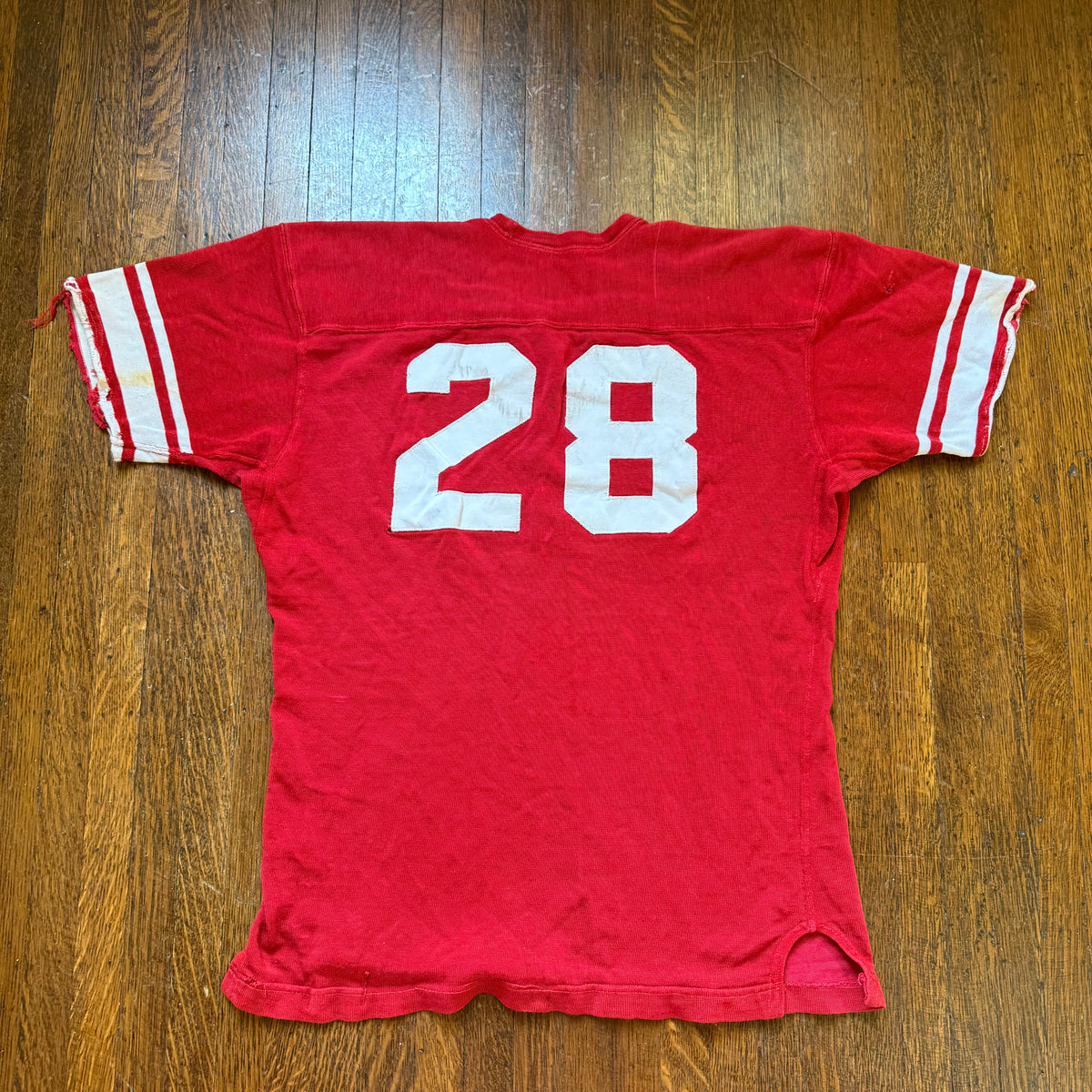1960s Red Durene Jersey, Action-Tailored by Rawlings Size 44, No 28, Distressed