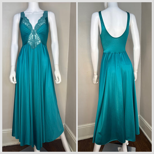 1970s Teal Olga Nightgown with Full Sweep, Lace Cut Out Bodice, Size XS