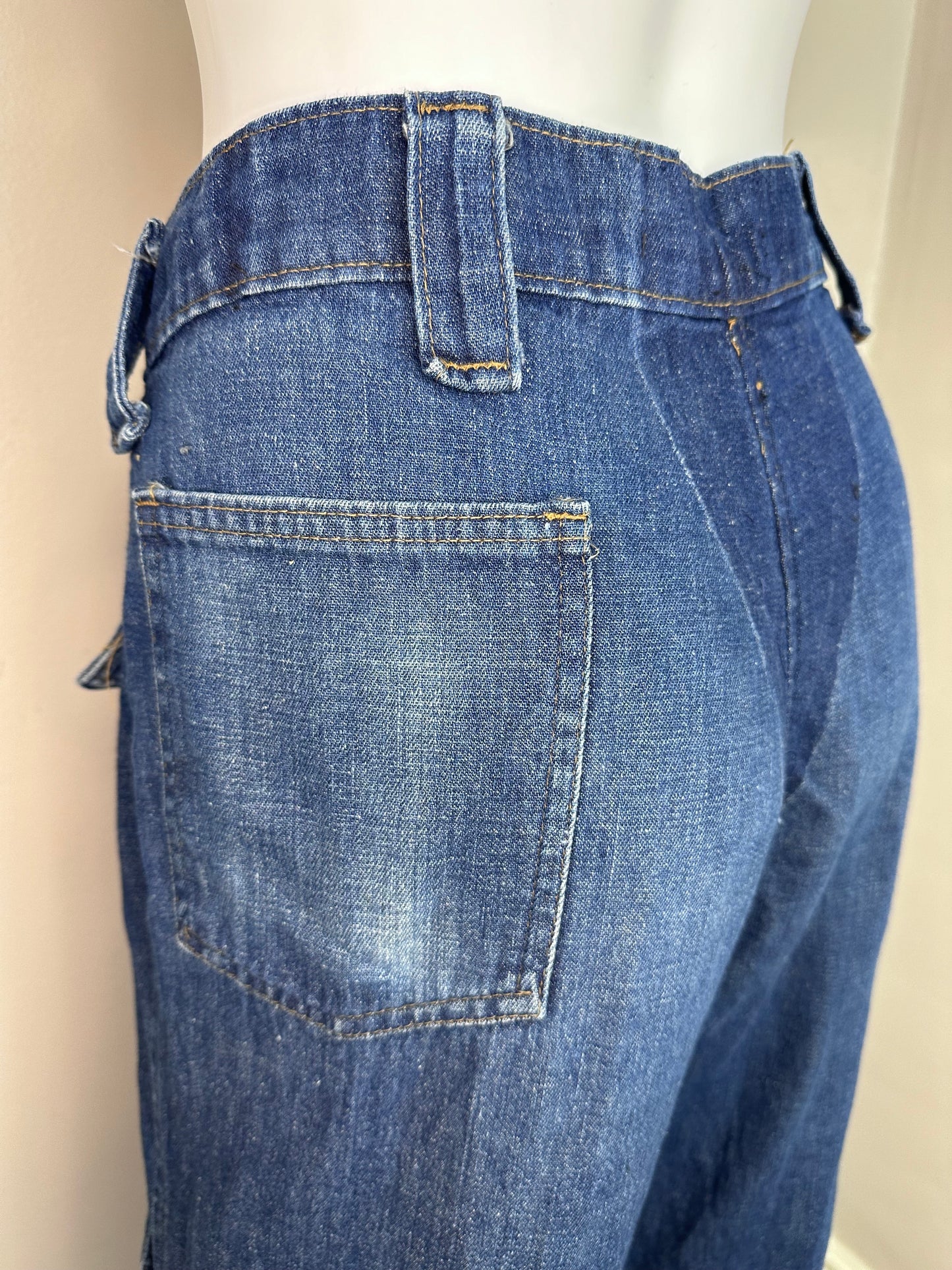 1970s Flare Leg Jeans, Giant Lace Up Pockets, 35x31.5