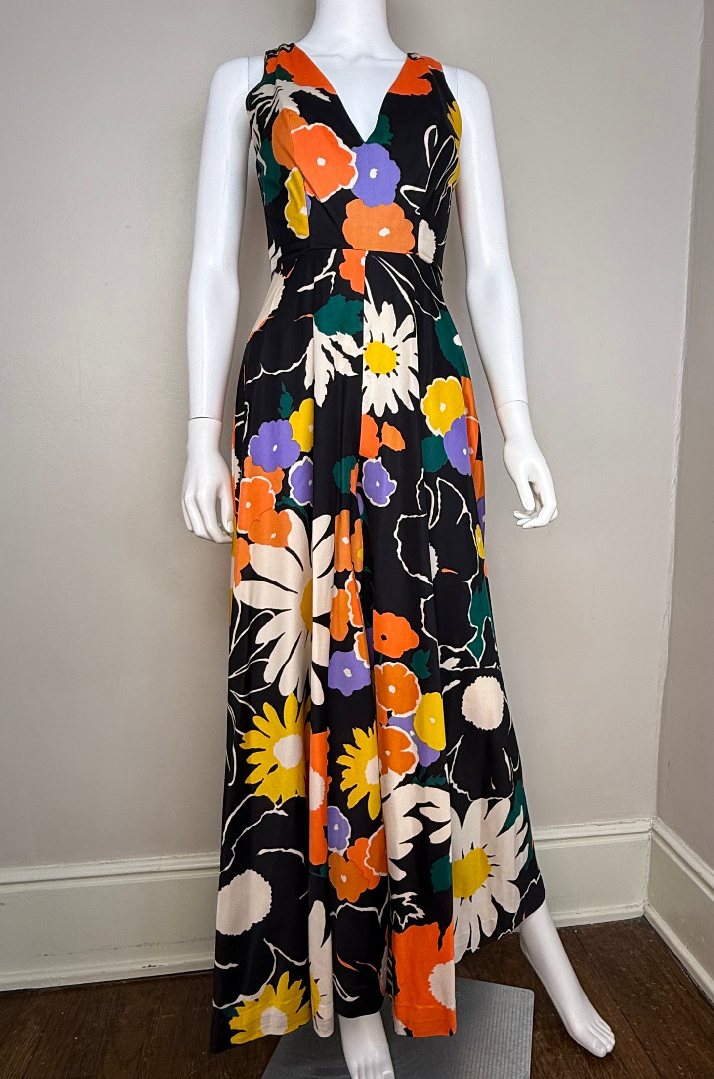 1960s/70s Black Floral Wide Leg Jumpsuit, Size XXS/XS