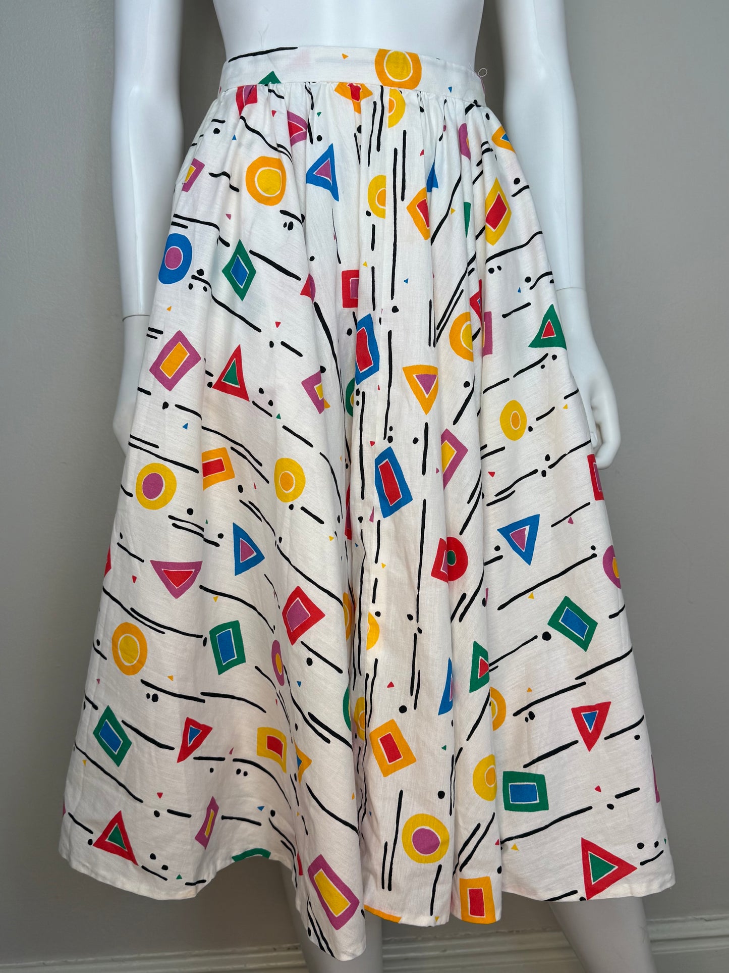 1980s Abstract Geometric Circle Skirt, Memphis Art Style, Handmade Size X-Small