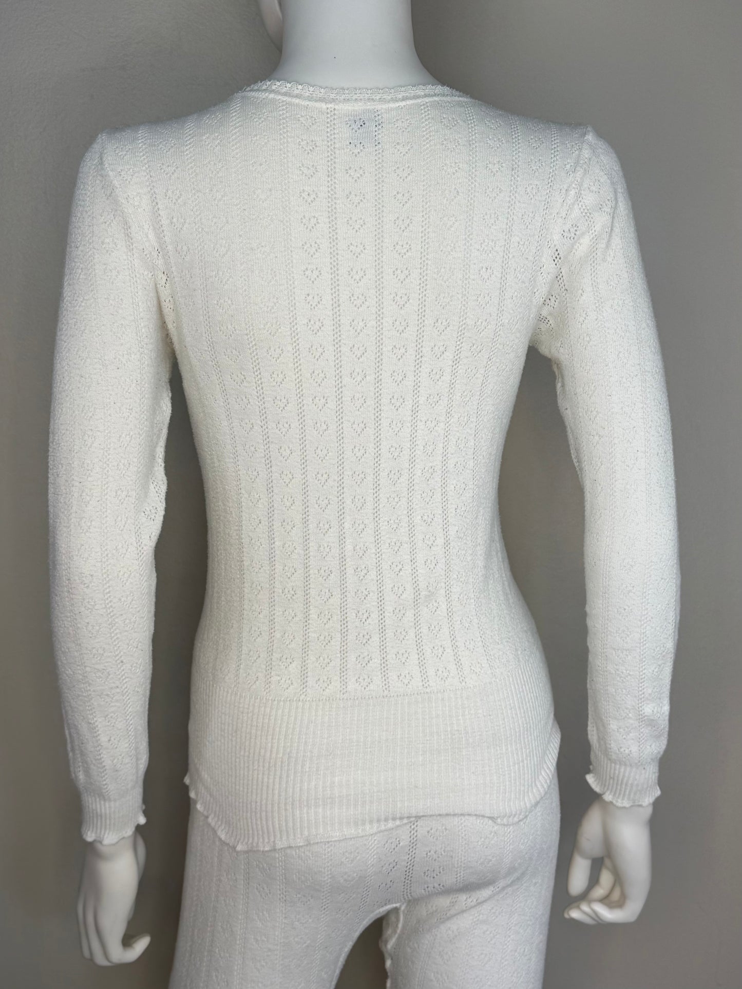 1980s White Pointelle Hearts Thermal Shirt and Pants Set, Duofold Thermax Size Medium, Long John Winter Underwear