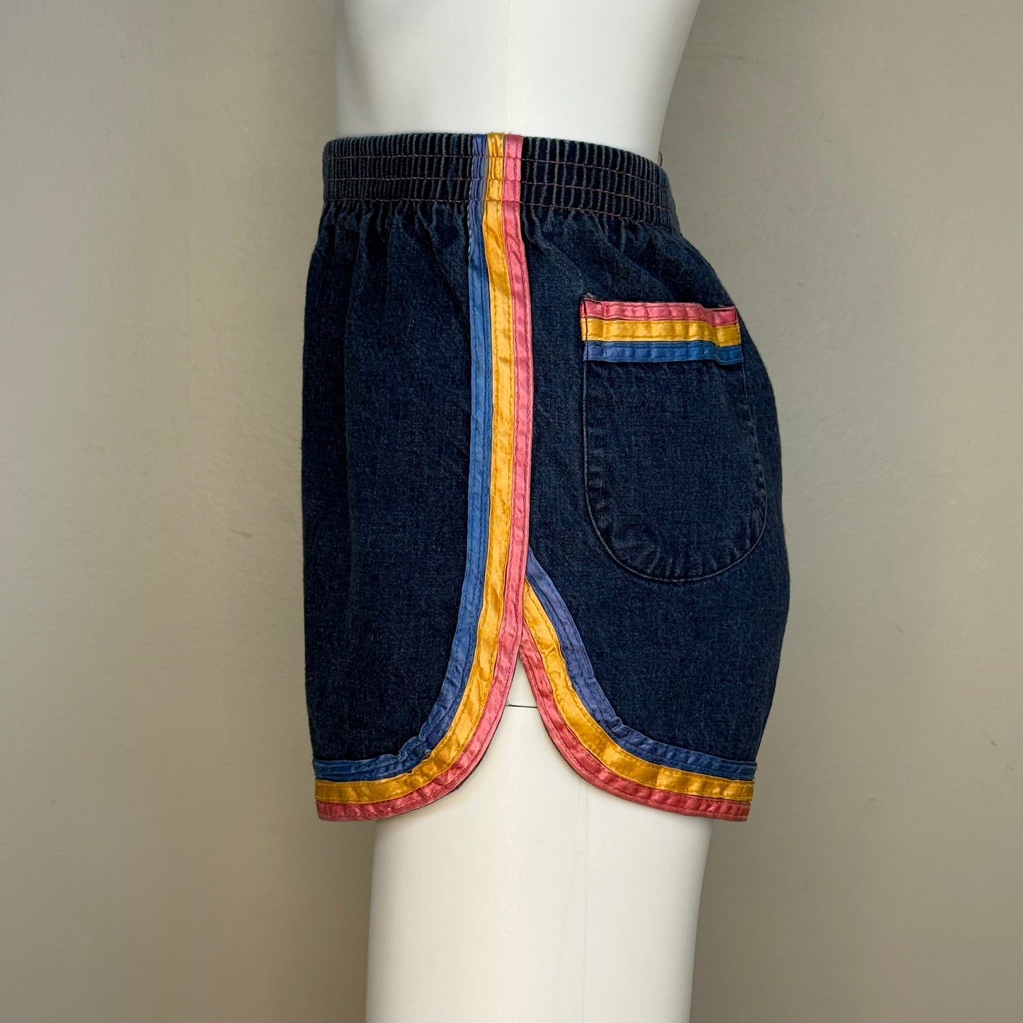 1970s High Waisted Denim Shorts with Rainbow Ribbon Trim, Happy Legs Size XS