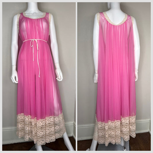1960s Sheer Pink Nightgown, Miss Elaine, One Size, Huge Sweep Caftan