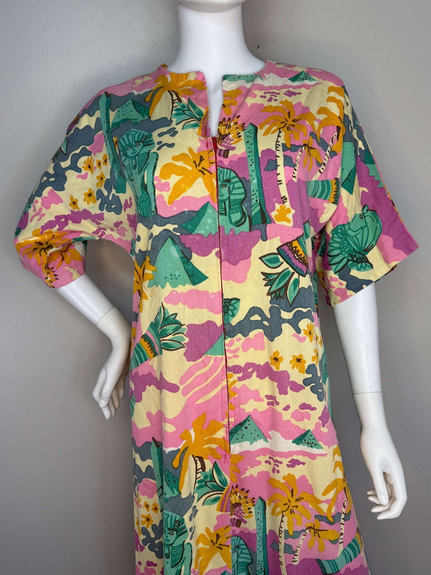 1960s/70s Psychedelic Egyptian Print Caftan Dress, Handmade Size Medium, Egyptomania