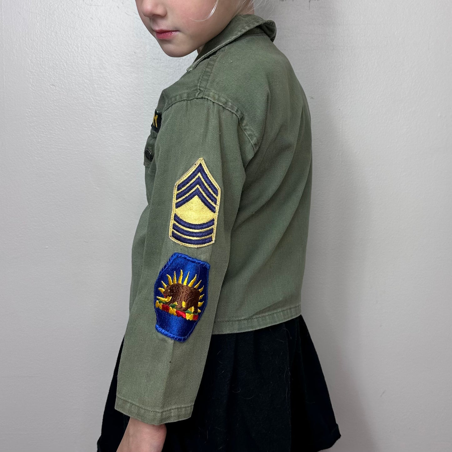 1960s Kids US Army Jacket, Herman Iskin & Co Pla-Master Play Suit Fatigue Outfit Costume Size 4