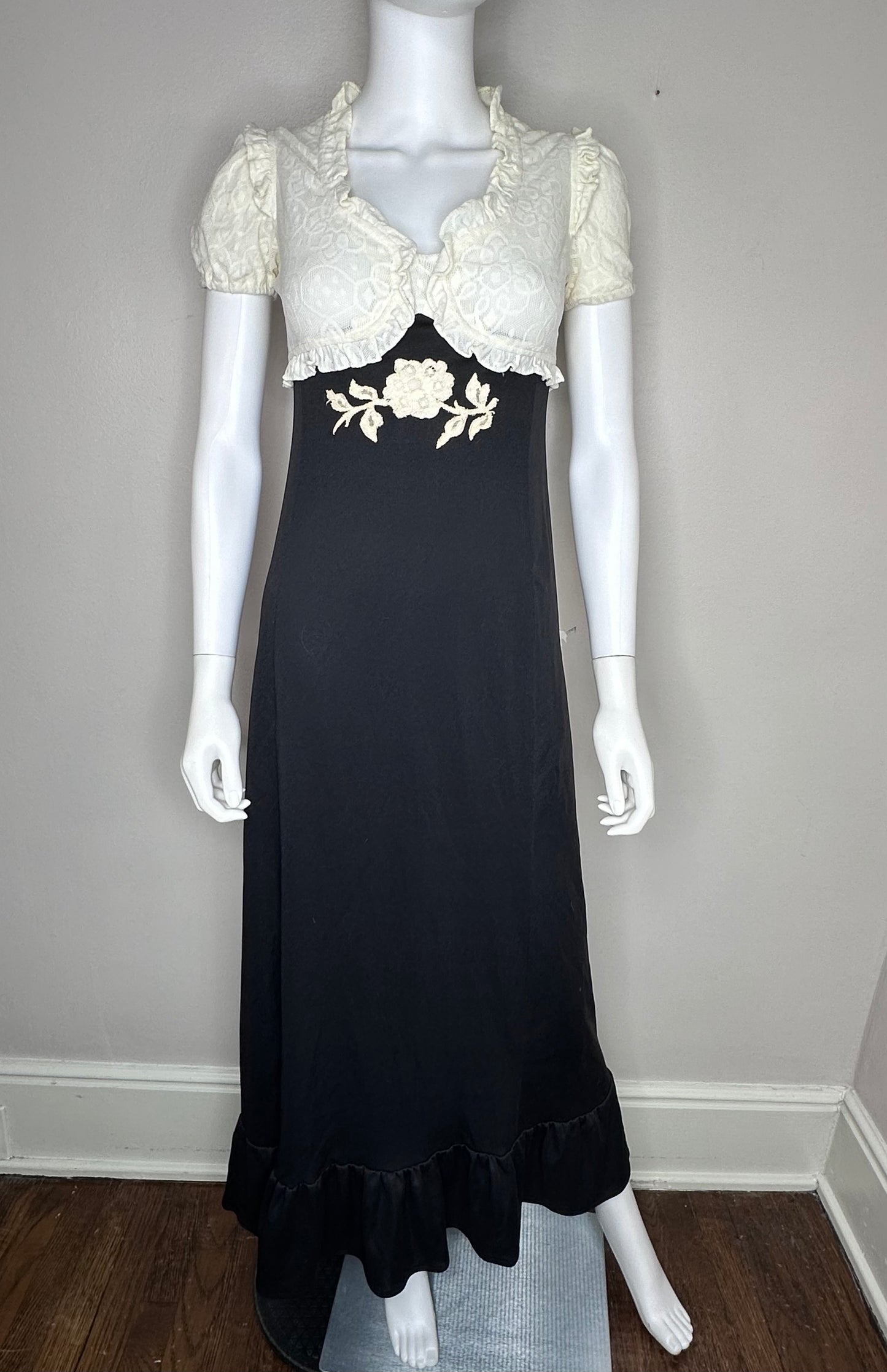 1970s Prairie Goth Black and Cream Empire Waist Maxi Dress, Lace Applique Size XS