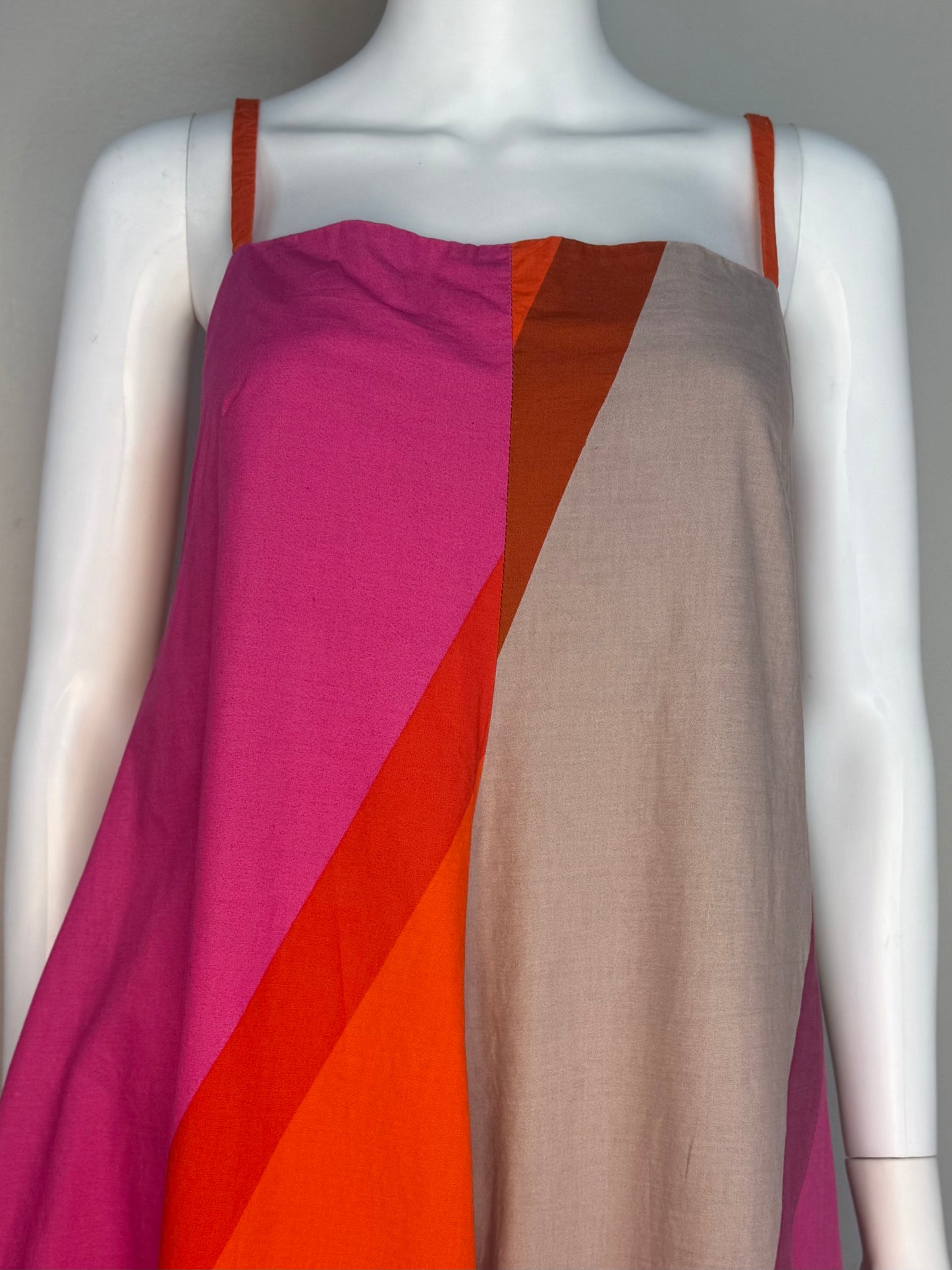 1960s Marimekko Midi Dress, Size Small, Sleeveless Sundress, Pink Orange and Grey Bold Wide Stripes, Suomi Finland, Design Research, Dated 1967