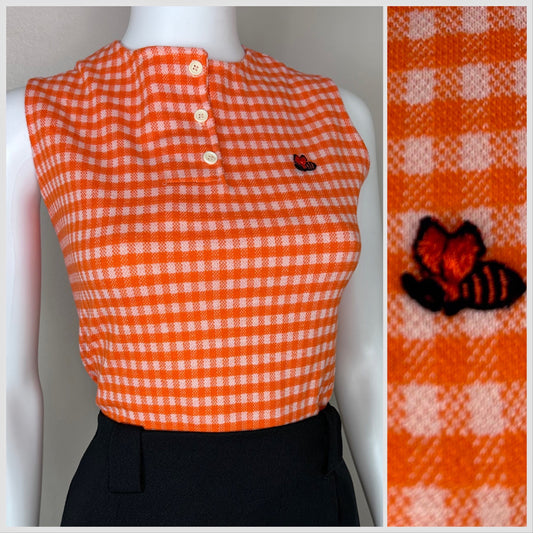 1960s/70s Orange Gingham Double Knit Sleeveless Henley Top, Jane Colby Size M-L