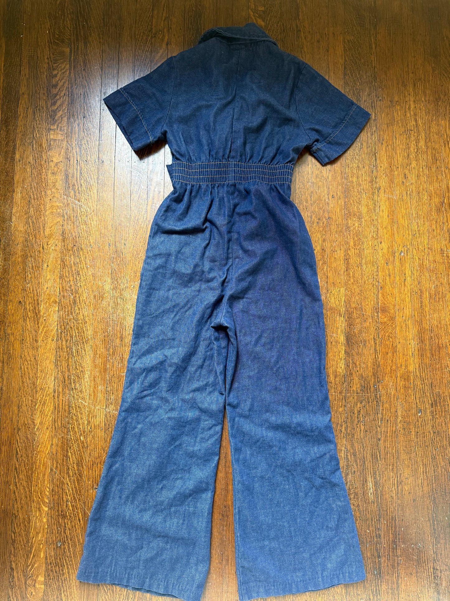 1970s Girl’s Denim Bellbottom Jumpsuit, Sears Growing Girl 10/12, Zip up with Zipper Trim
