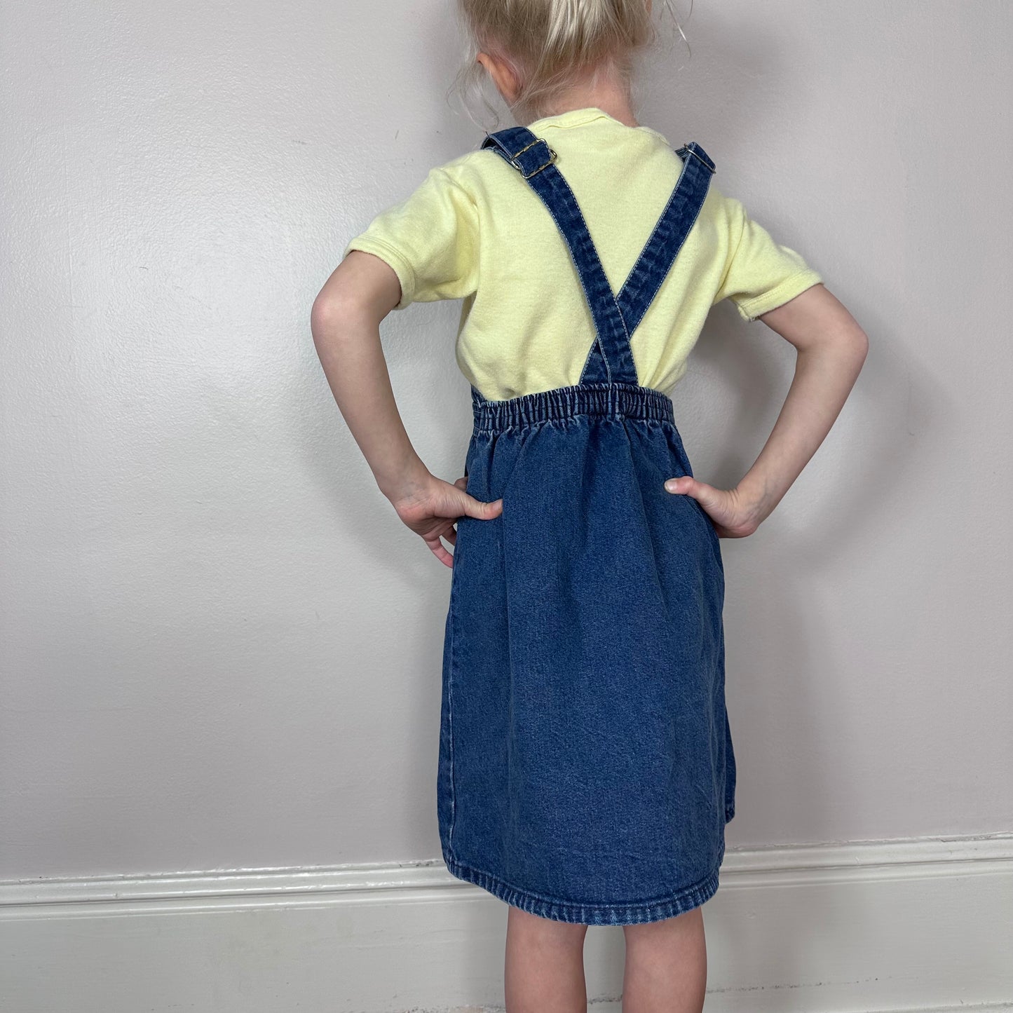 1980s OshKosh Denim Overall Jumper Dress, Size 6X, Low Back