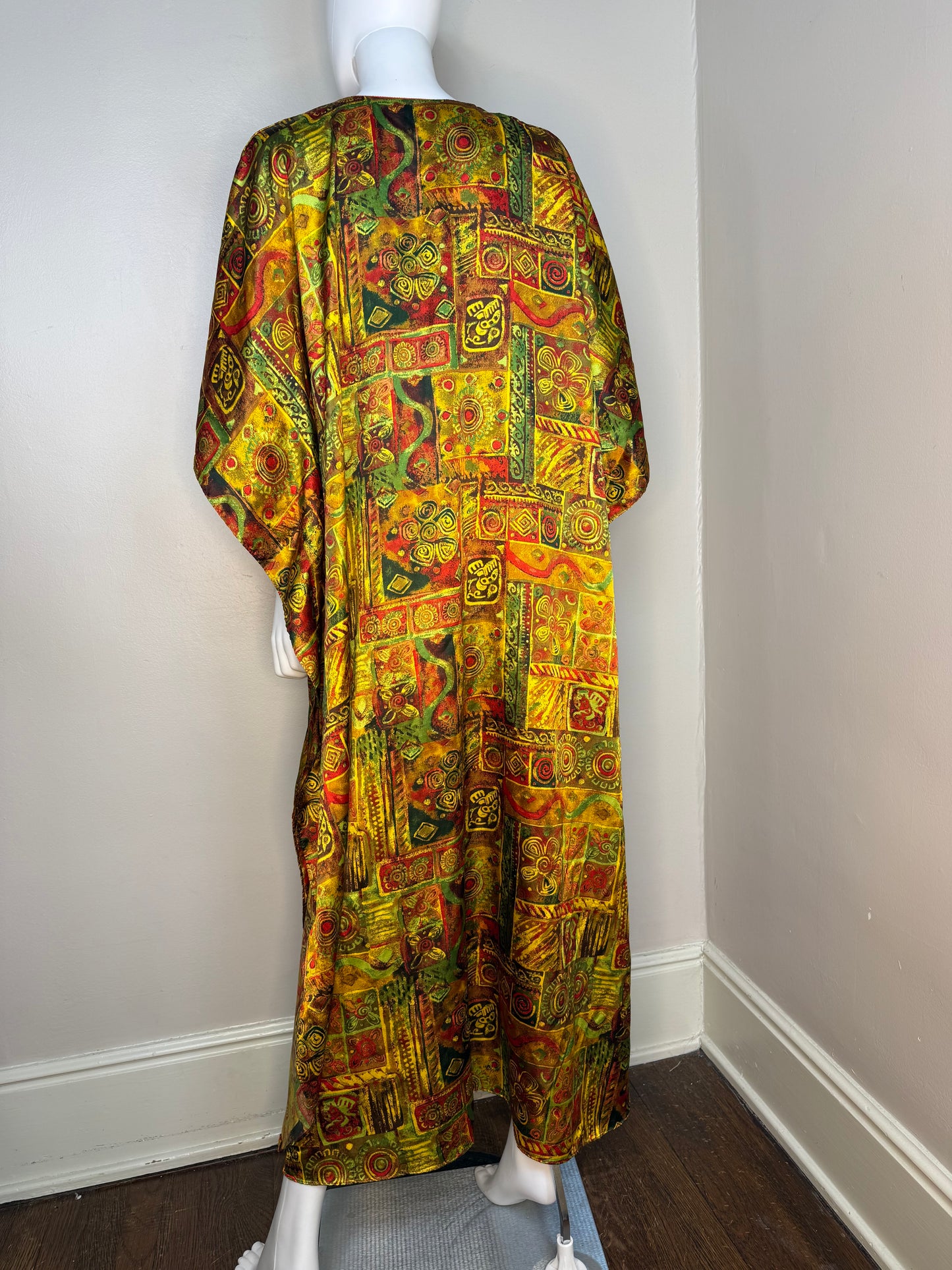 1990s Gold Red and Green Caftan Dress, Winlar, Loungewear, One Size Fits Most