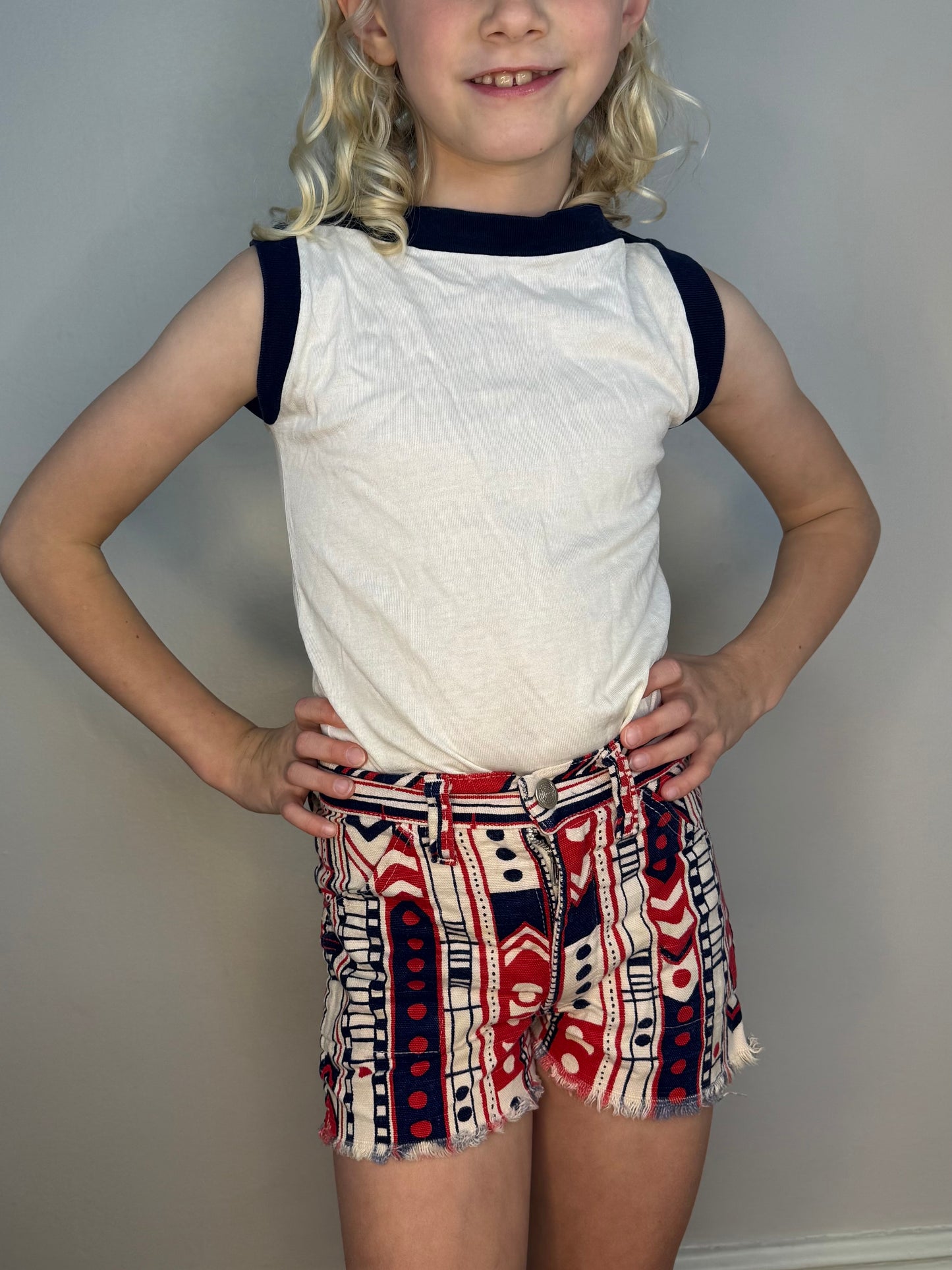 1970s Printed Denim Shorts, Cut Offs, Kids 4/5, Red White and Blue Geometric Stripe
