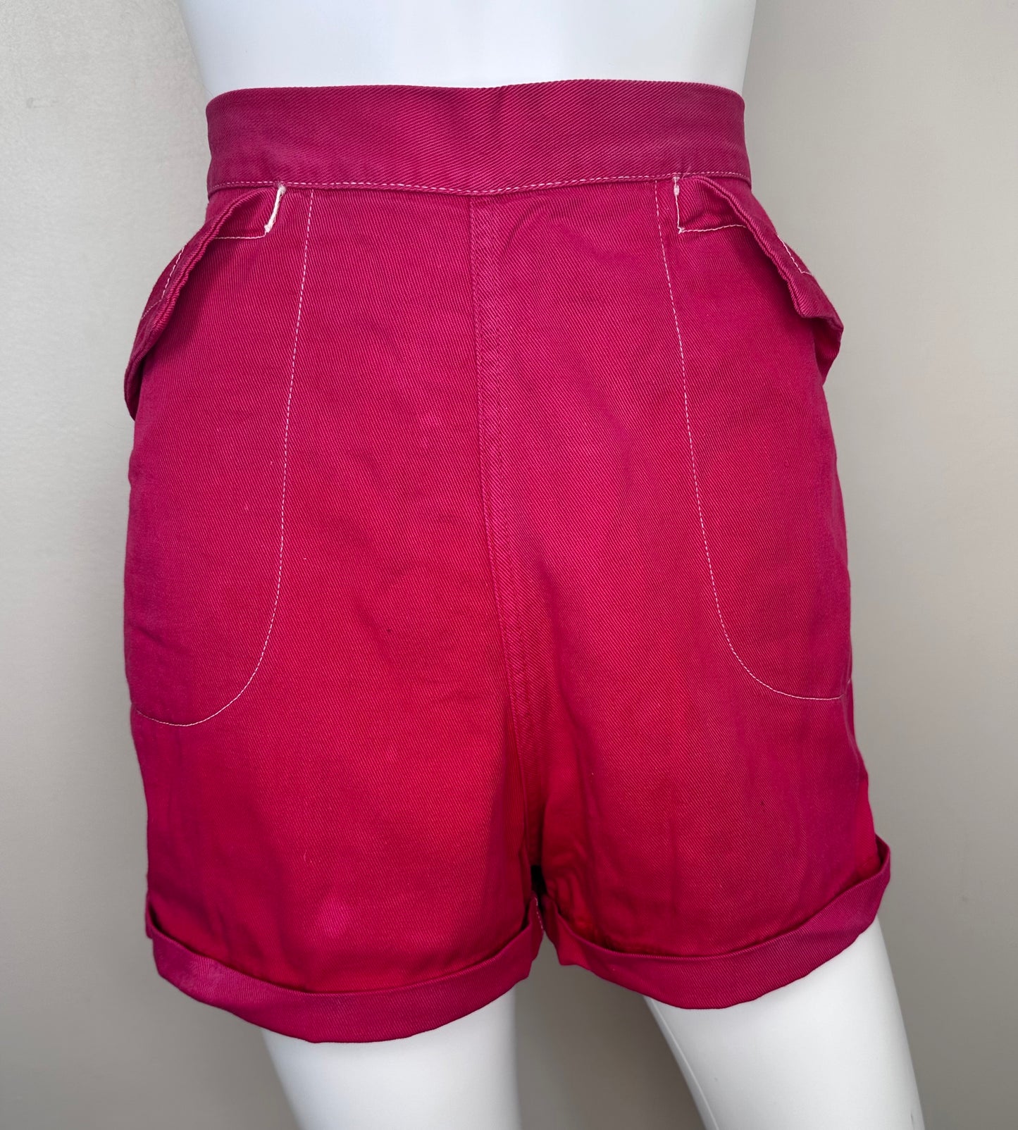 1950s Red Denim Shorts. High Waisted, Cuffed, Back Zip, Faded, Distressed