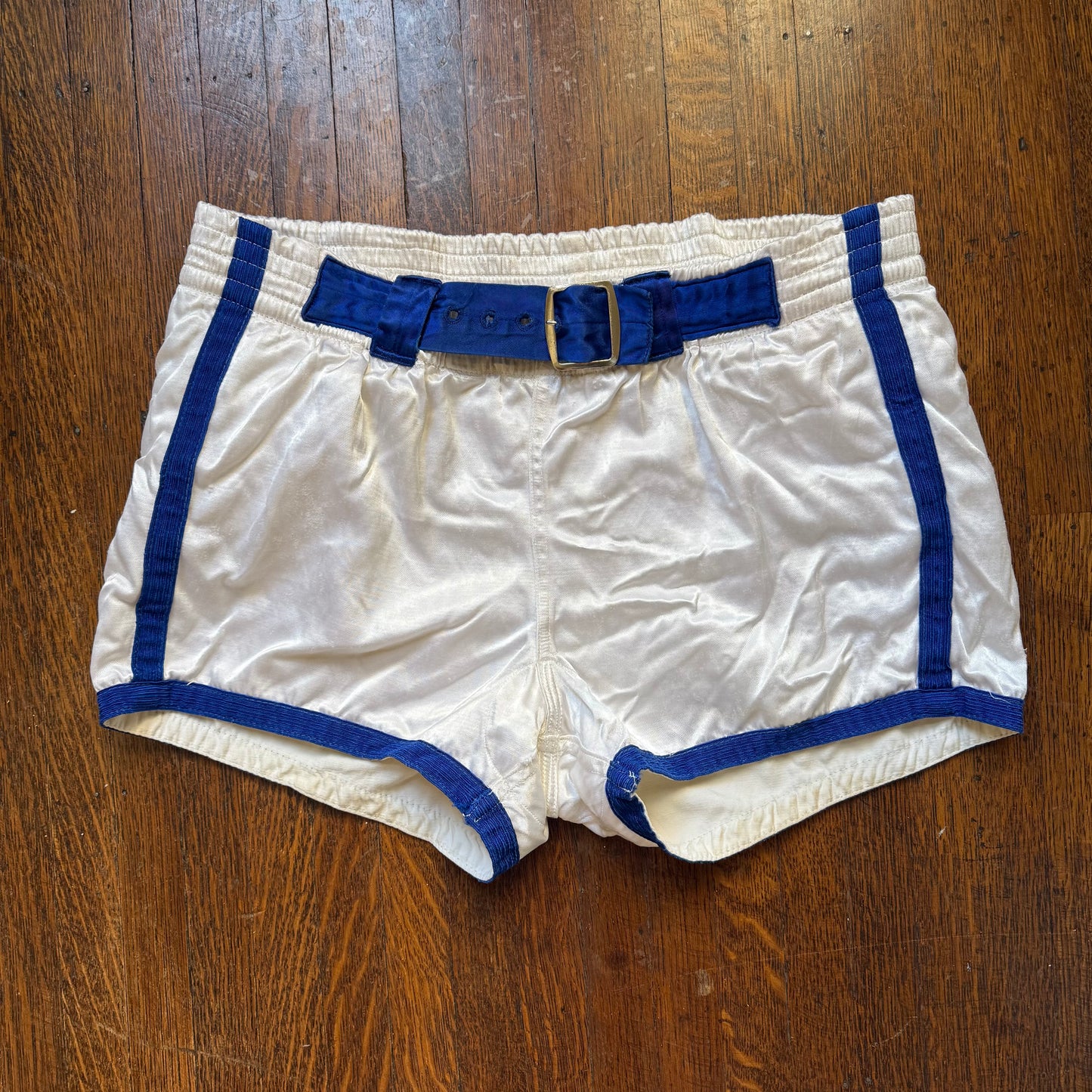 1940s White and Blue Satin Athletic Shorts, Belt, Padded Hips, Lawson Cavette Sporting Goods, Basketball? Boxing?