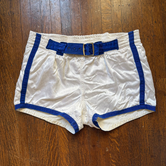 1940s White and Blue Satin Athletic Shorts, Belt, Padded Hips, Lawson Cavette Sporting Goods, Basketball? Boxing?