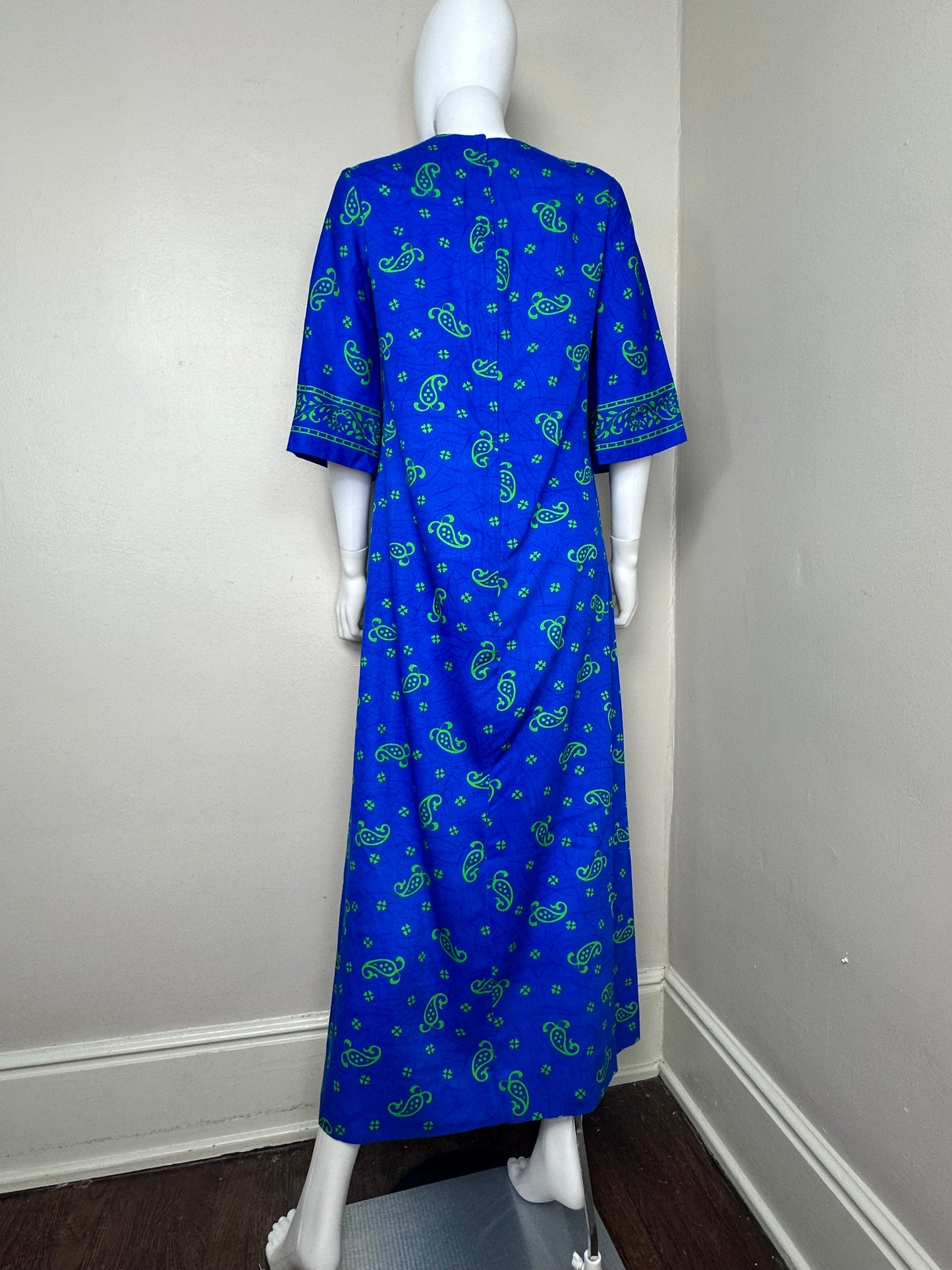 1960s Blue Paisley Maxi Dress, Liberty House Hawaii Polynesian Casuals Size Medium