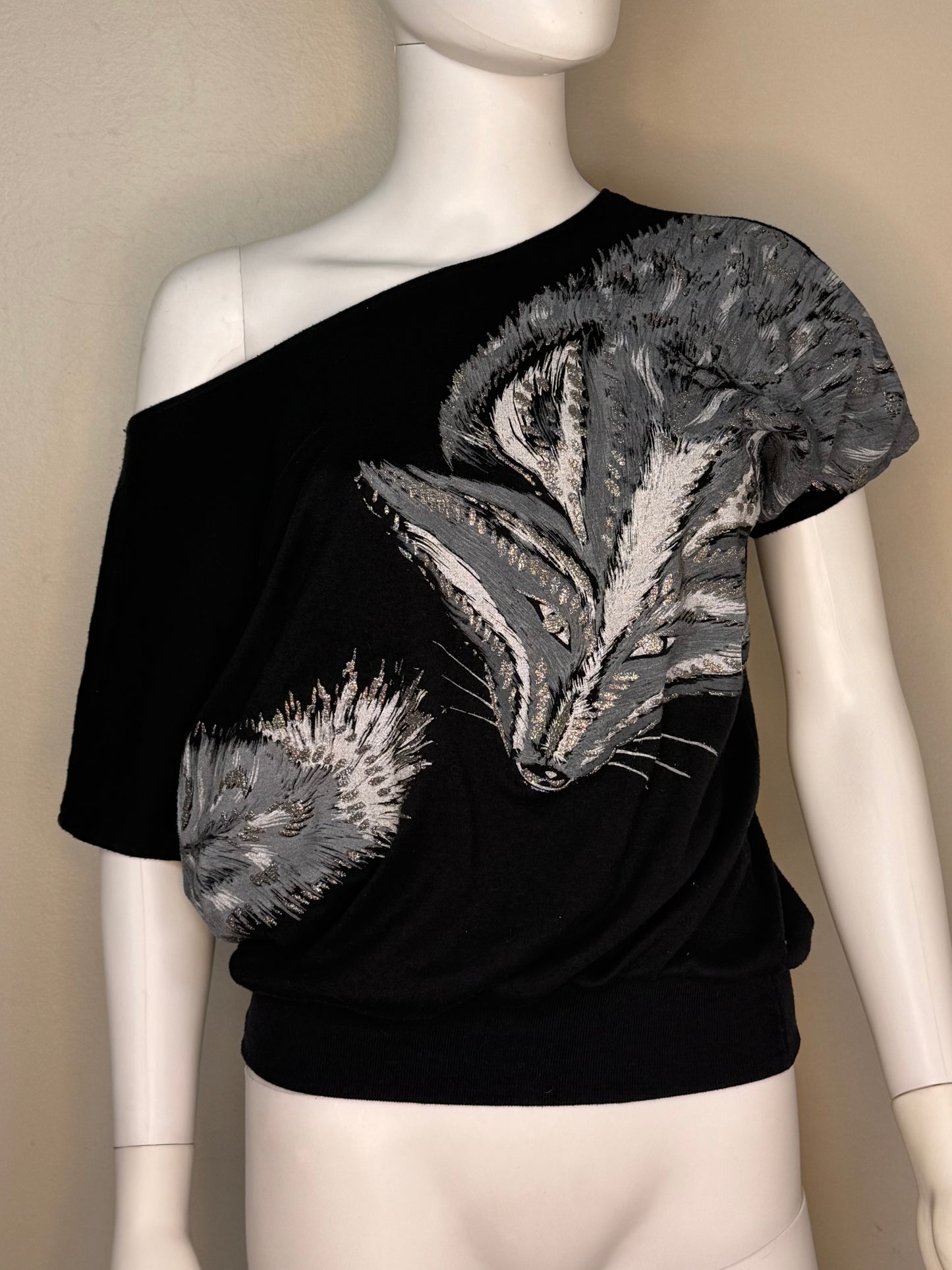 1980s Glitter Fox Black T-Shirt, Wide Neck, Variety Size Medium-Large
