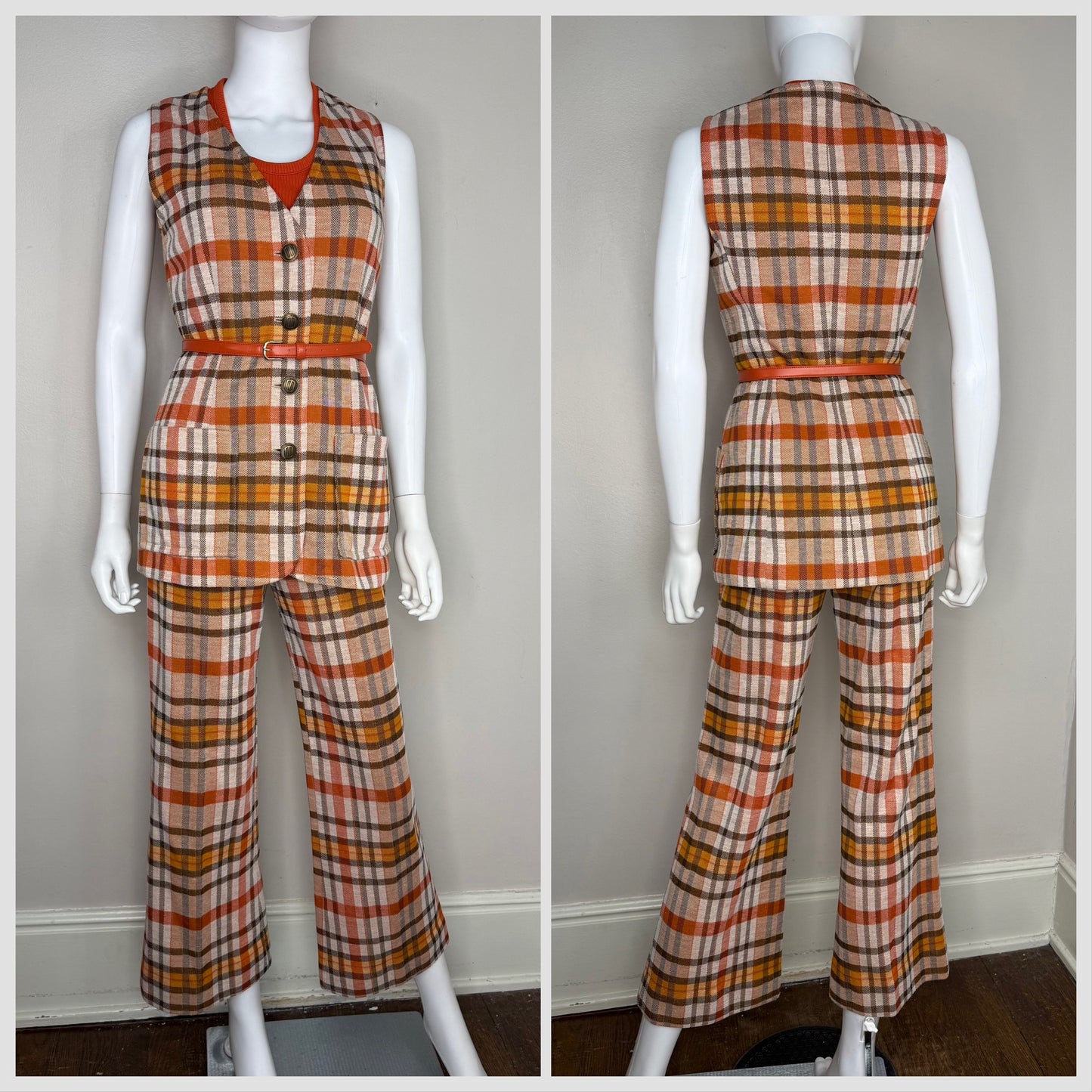 1970s Women’s Plaid Double Knit Pant Suit, Vest Top and Pants set, Peck & Peck for Act III Size Small