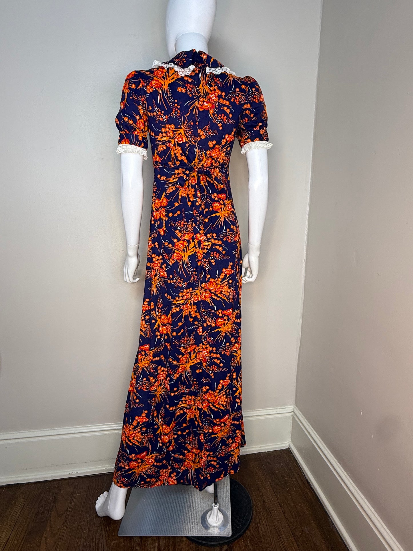 1960s/70s Navy Blue and Orange Floral Maxi Dress, Size Small, Lace Trimmed Platter Collar