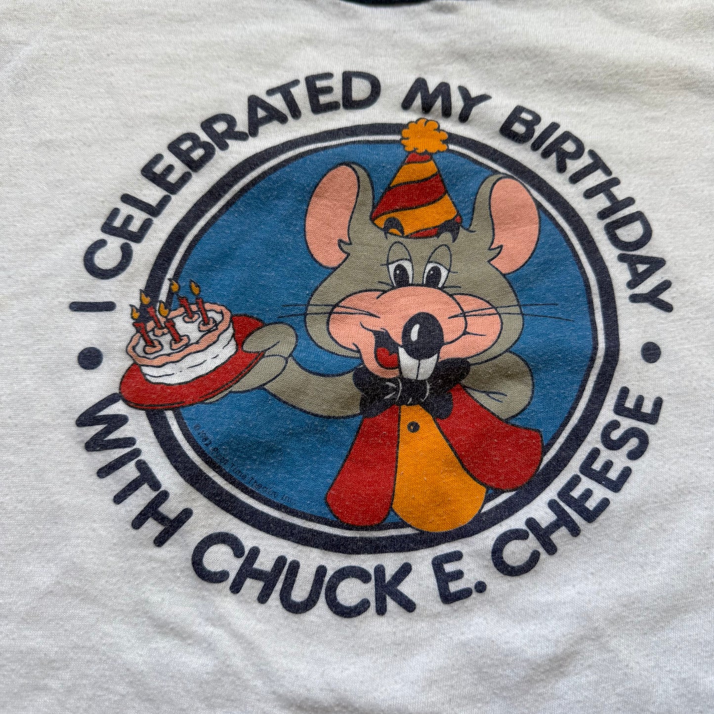 1980s Kids’ I Celebrated My Birthday with Chuck E Cheese T-Shirt, Screen Stars Ringer Tee Size 10-12