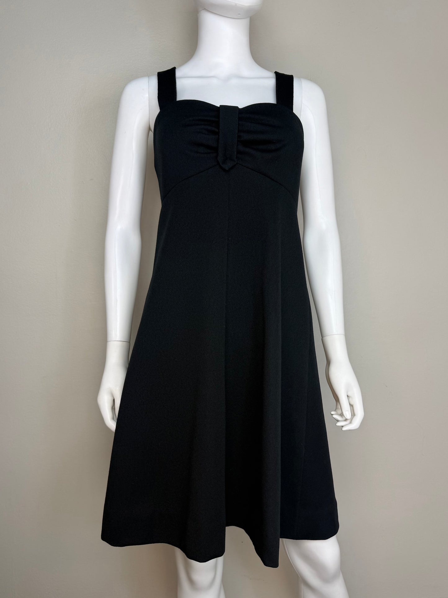 1970s Black Double Knit Sleeveless Mini Dress, Handmade Size S/M