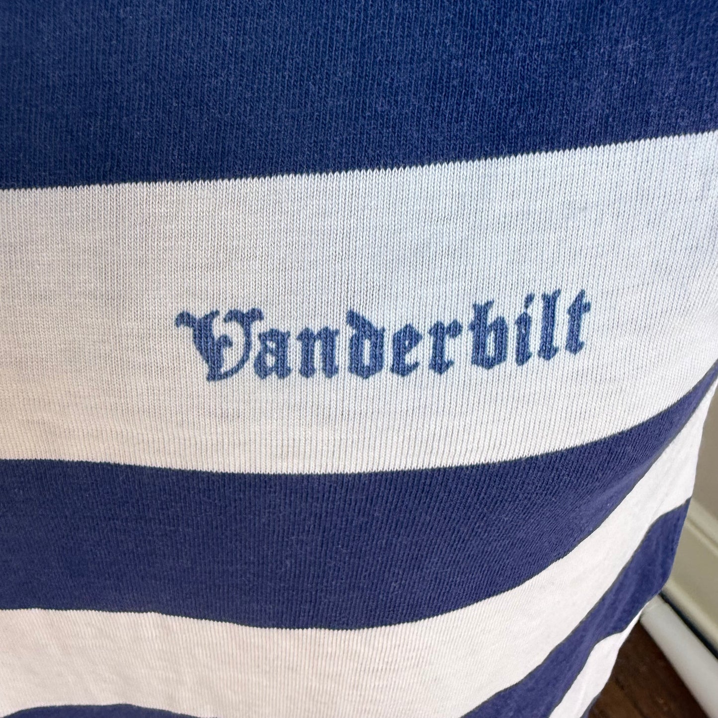 1960s Striped Vanderbilt University T-Shirt, Champion Products Size S/M, Wide Navy Blue and White Stripes
